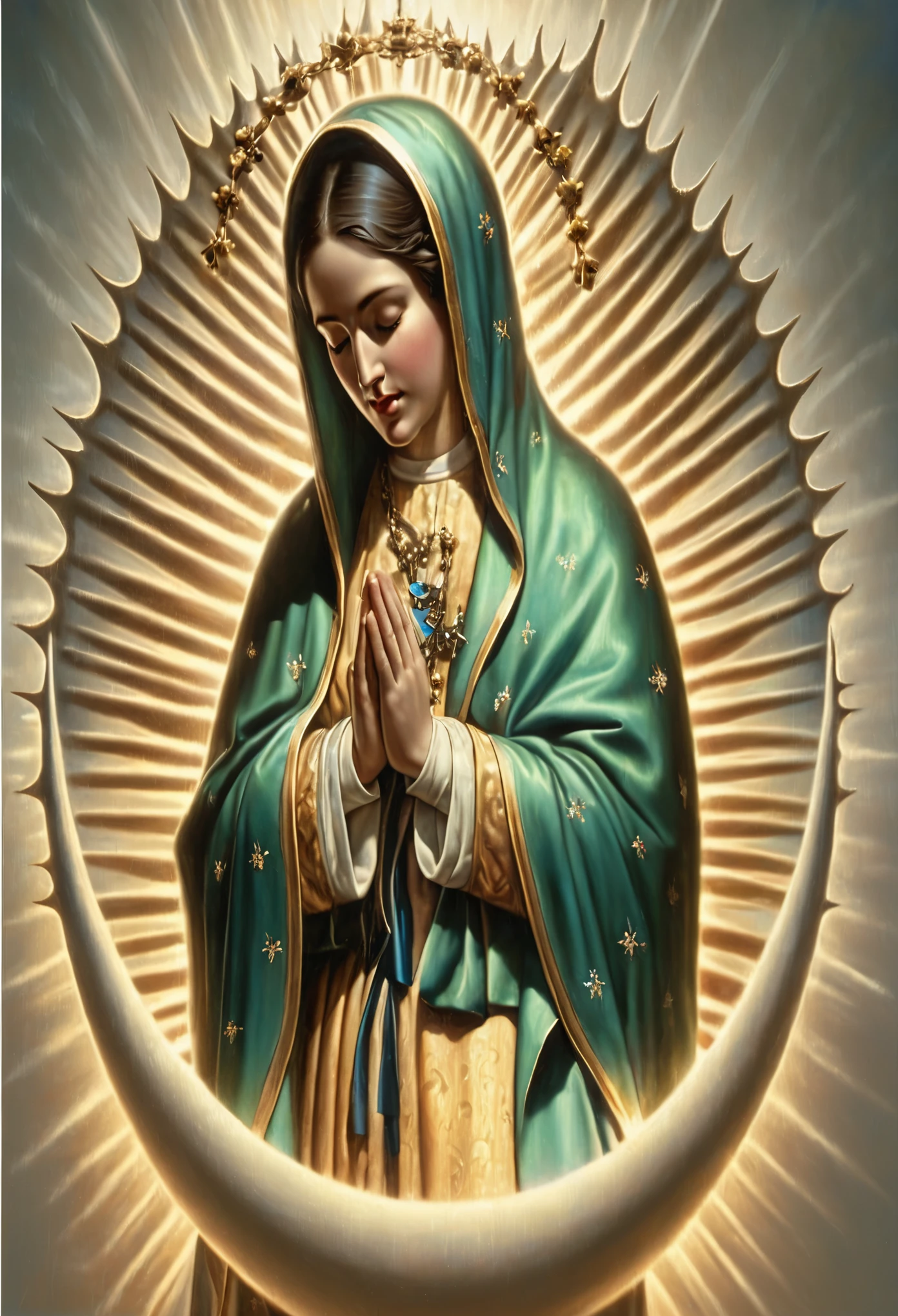 (((Holy virgin mary , in traditional image. With eyes closed. with a rosary in his hands. full body. Hyperrealistic image. full body))) ((())) Masterpiece (Best quality: 1.2) (Super fine: 1.2) Illustration, (Extremely delicate and beautiful: 1.2), Film angle, Floating, (Beautiful detail eye: 1.1), (Detail Light: 1.1) Film lights, Delicate sky, Blue eyes (High ponytail: 1.1) Layer, Bright eyes (Light particles: 1.1) dr