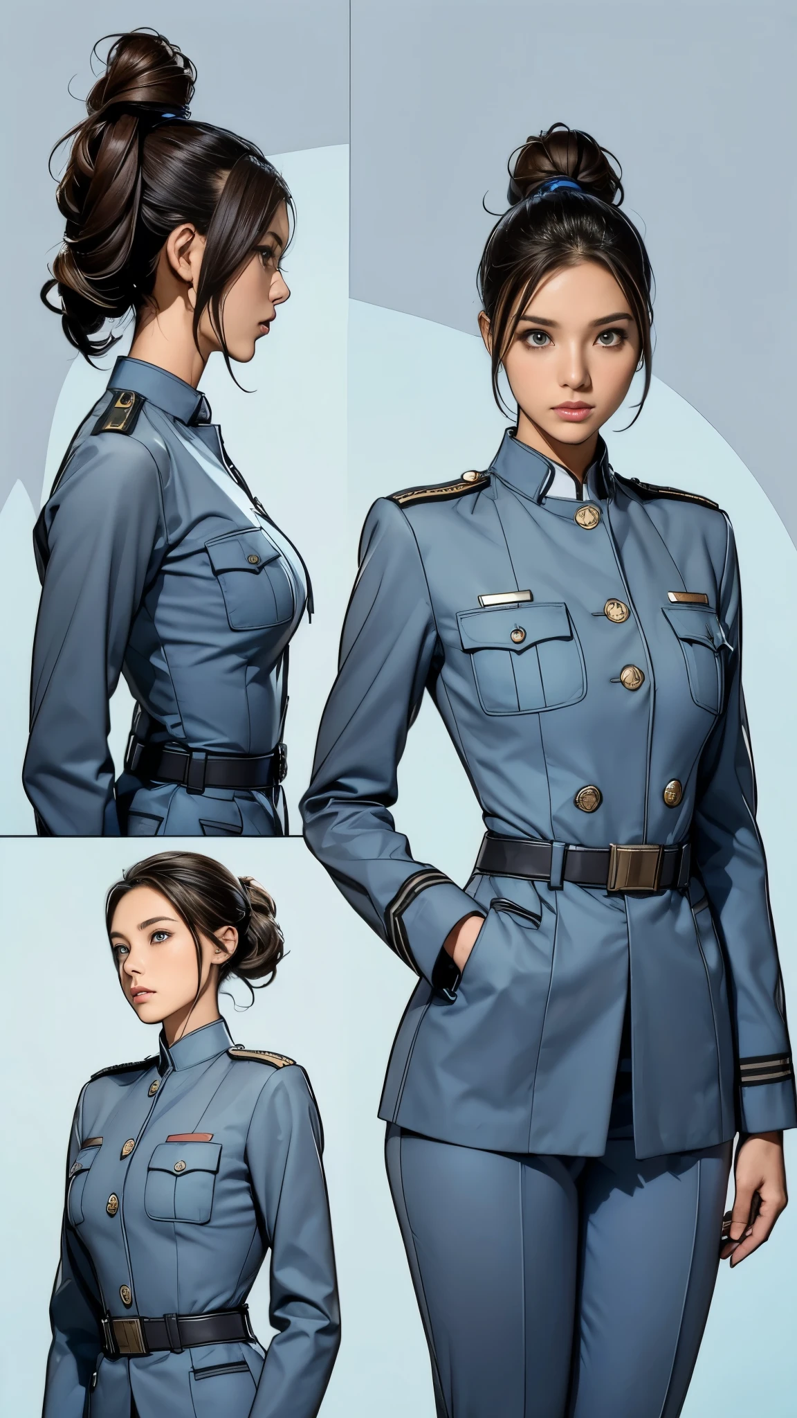 ((masterpiece)),(((highest quality))),((Reference Sheet, Character Design, front, return, ~ ~ side, Mr..々Hairstyle, Mr..々Performance, Facial Expressions)), -yeld gi Cute type, (Very slim:1.4), (Very small ass:1.4), Realistic buttocks, (Big Breasts:1.3), Short Bob, Thin thighs, Long legs, It's not a big deal,(A female Earth Federation officer is walking), (Wearing Earth Federation military uniform, Light grey and light blue military uniform),(Worn by federal government employees&#39;White Hat:1.5)
