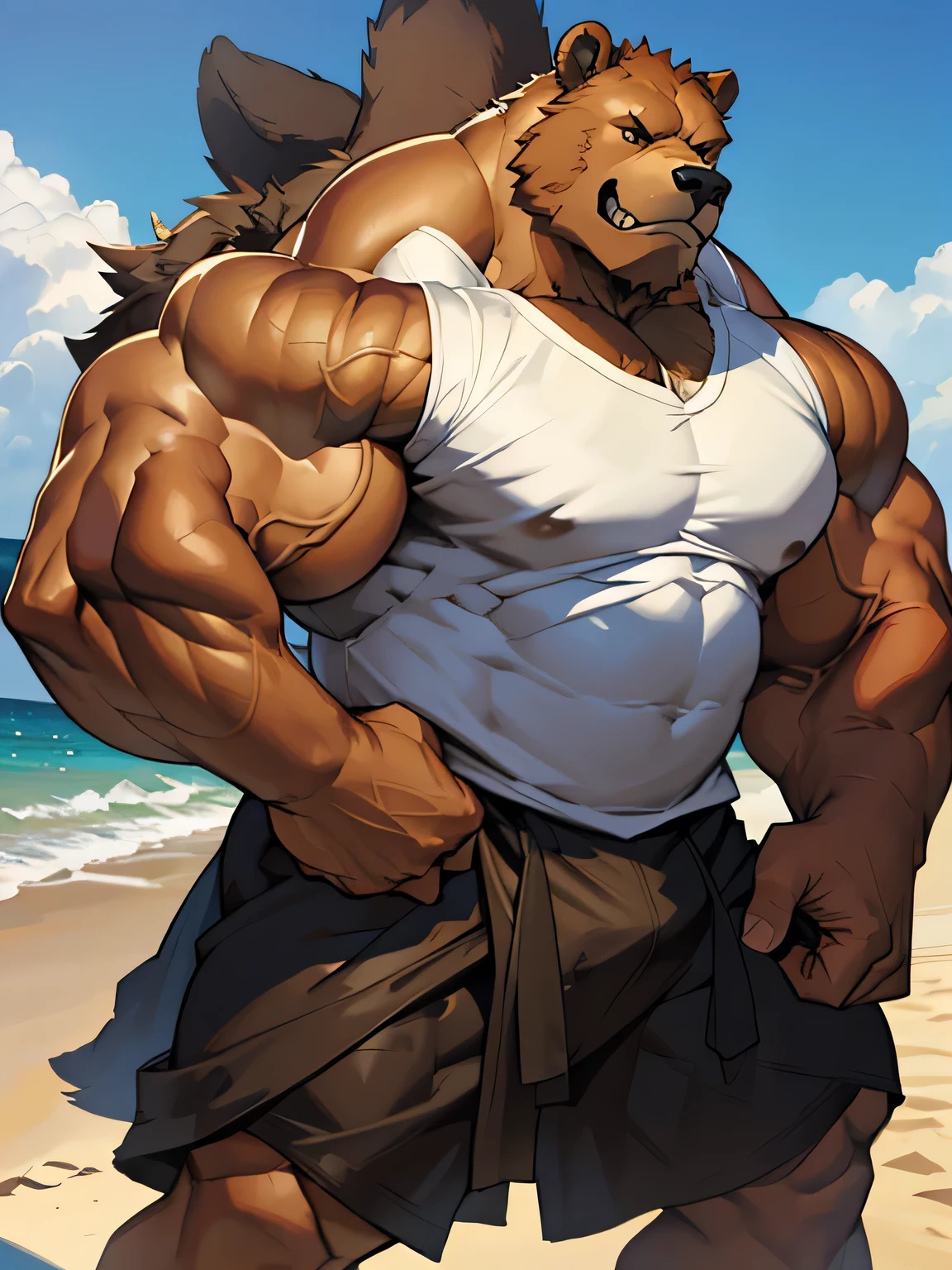 beach, extremely huge muscular, massive muscular, full-body, well-muscled grizzly bear. ((extremely muscle size, super thick brown fur arms, huge back, extremely wide back and shoulder , huge arms)). Add eyes details and add details to make it attractive and interesting. Add textures and details to make the image more realistic, such as the appearance of the shirt texture and the appearance of the brown fur. Make sure the resulting image is high resolution, 8K quality."