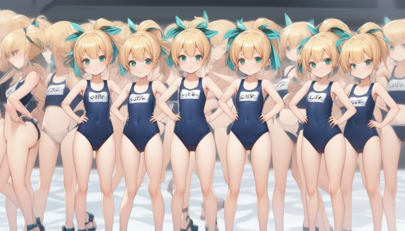Short stature,flat chest, clone girls, blond hair, green eyes,roll(mega man classic),swimsuit roll(mega man x dive old design),high ponytail hair,Sleeveless navy one piece old type school swimsuit with white stripes from armpit to flank,white name tag, navy heeled sandals, green ribbon,human appearance,same height,same appearance, same face,fill the entire image, absolutely everyone, many clone, masterpiece, best quality,insanely detailed, 20000+ clone girls, perfect features,multiple clone girls,same school swimsuit,same hair,official art