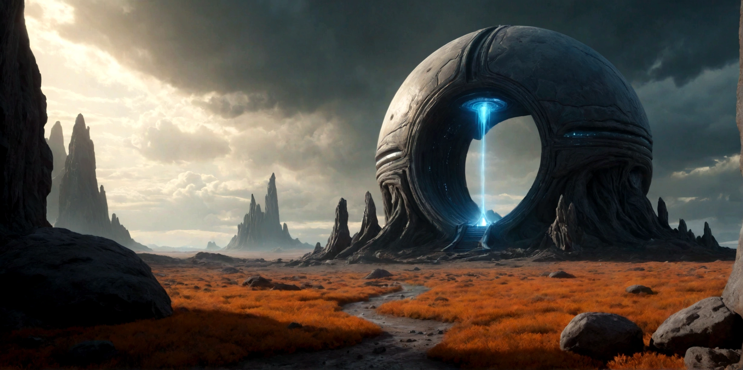 (EN UN VALLE PROFUNDO RODEADO DE ACANTILADOS) ((AT THE FOOT OF A STILL ACTIVE MINIMALIST TWO-DIMENSIONAL PORTAL OF AN ALIEN TEMPLE), SUPER HIGH DEFINITION IMAGE WITH HYPER REALISM , very cold, PLANETA SECO Y CONGELADO, hyper realistic in 4K, cinematic lighting. little vegetation on alien planet other than Earth, cloudy stormy and cold weather, el sol se oculta