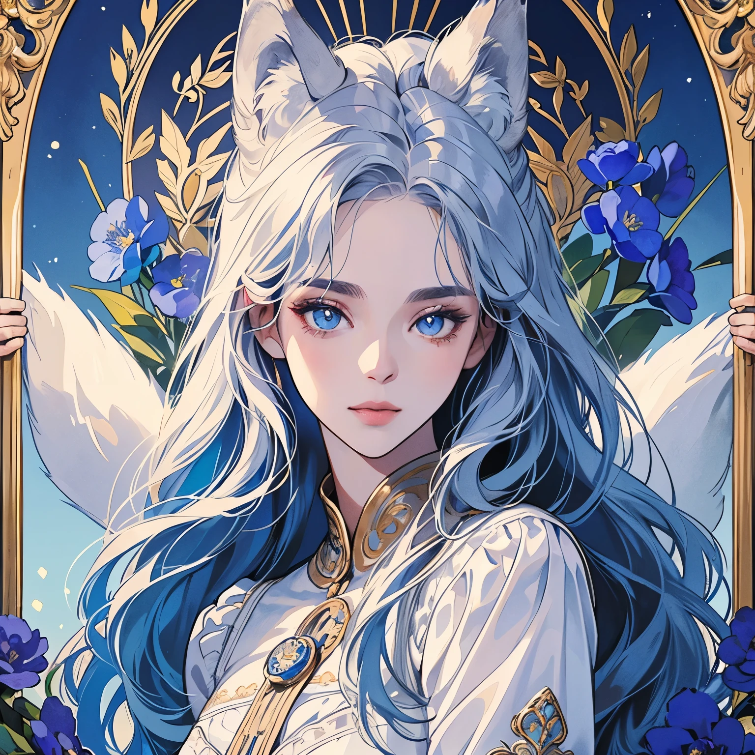 Best quality, 1 wolf, logo, background white only, emblem, 14k, intricate and detailed, frame, blue, (((1 woman and wolf))), detailed fur, sparkling eyes, corporate logo, golden, panoramic, long shot, front, blue flowers, Upper body, looking at viewer, beautiful goddess, Very detailed hair, MOON, Pale Lighting, Top Quality