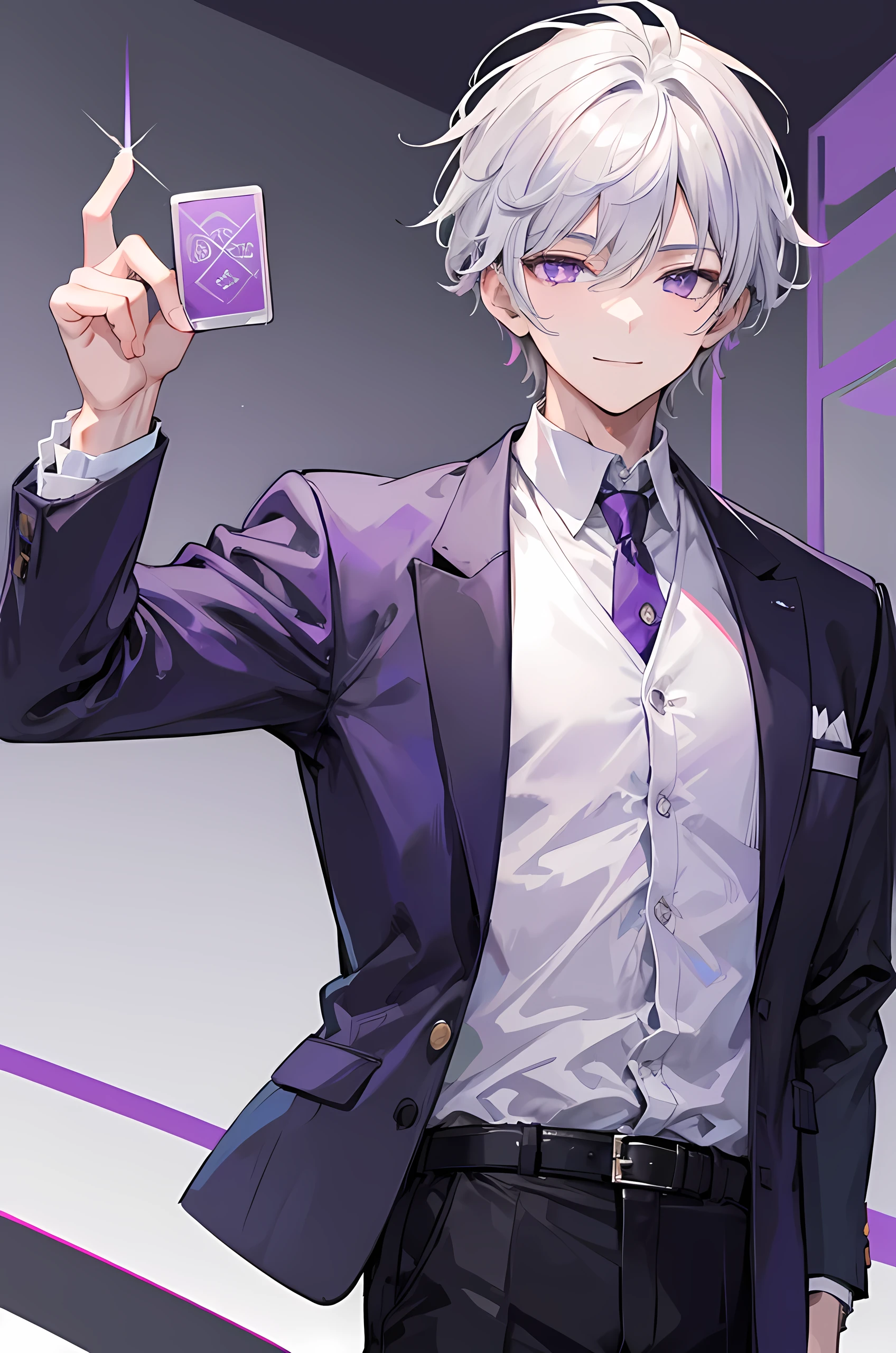 Young man, grey hair, purple eyes, smile face, modern style, handsome man, cool boy, school