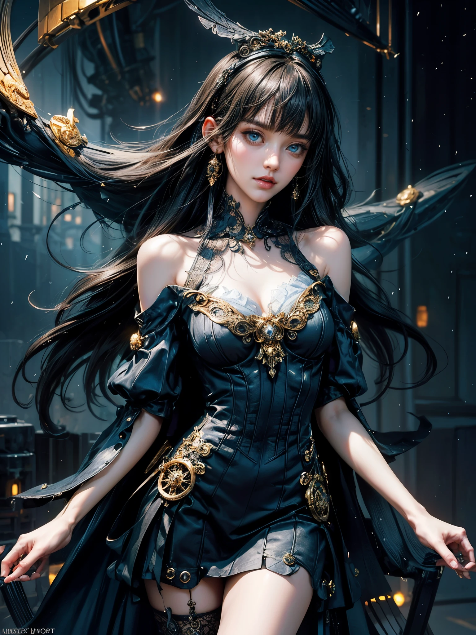 Wizard girl. Very pretty , brunette,
(((masterpiece, best quality, raw photo, photorealistic, depth of field, ultra detailed, detailed face, very precise deep blue eyes))), Dynamic Action Pose, Invoke Magic, Mechanical Magic Weapons, very slender long legs, lace stockings on the knee, steampunk headgear, fluttering lace flared white mini skirt, off-shoulder white fashion with a fusion of detailed and intricate steampunk and detailed white gothic lolita, (((Vslender body, long, thin limbs))), upward and beautiful small breasts, (((Thick bangs))), (((princess cut))), Clean long hair, long vertical curly hair, wind driven, futuristic complex steampunk factory background, infinite dark universe, flying celestial bodies, countless celestial neon lights raining down from the heavens, cinematic lighting decoration.