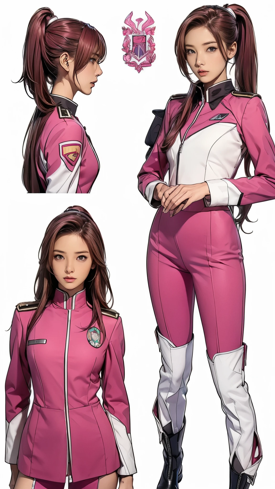 ((masterpiece)),(((highest quality))),((Reference Sheet, Character Design, front, return, ~ ~ side, Mr..々Hairstyle, Mr..々Performance, Facial Expressions)), 14-year-old girl, Cute type, (Very slim:1.4), (Very small ass:1.4), Realistic buttocks, Medium chest, Pink hair, mohawk and ponytail:1.2,Thin thighs, Long legs, It's not a big deal,(A female Earth Federation officer is walking), (Wearing Earth Federation military uniform, White and magenta military uniforms),(Worn by federal government employees'White Hat:1.5)