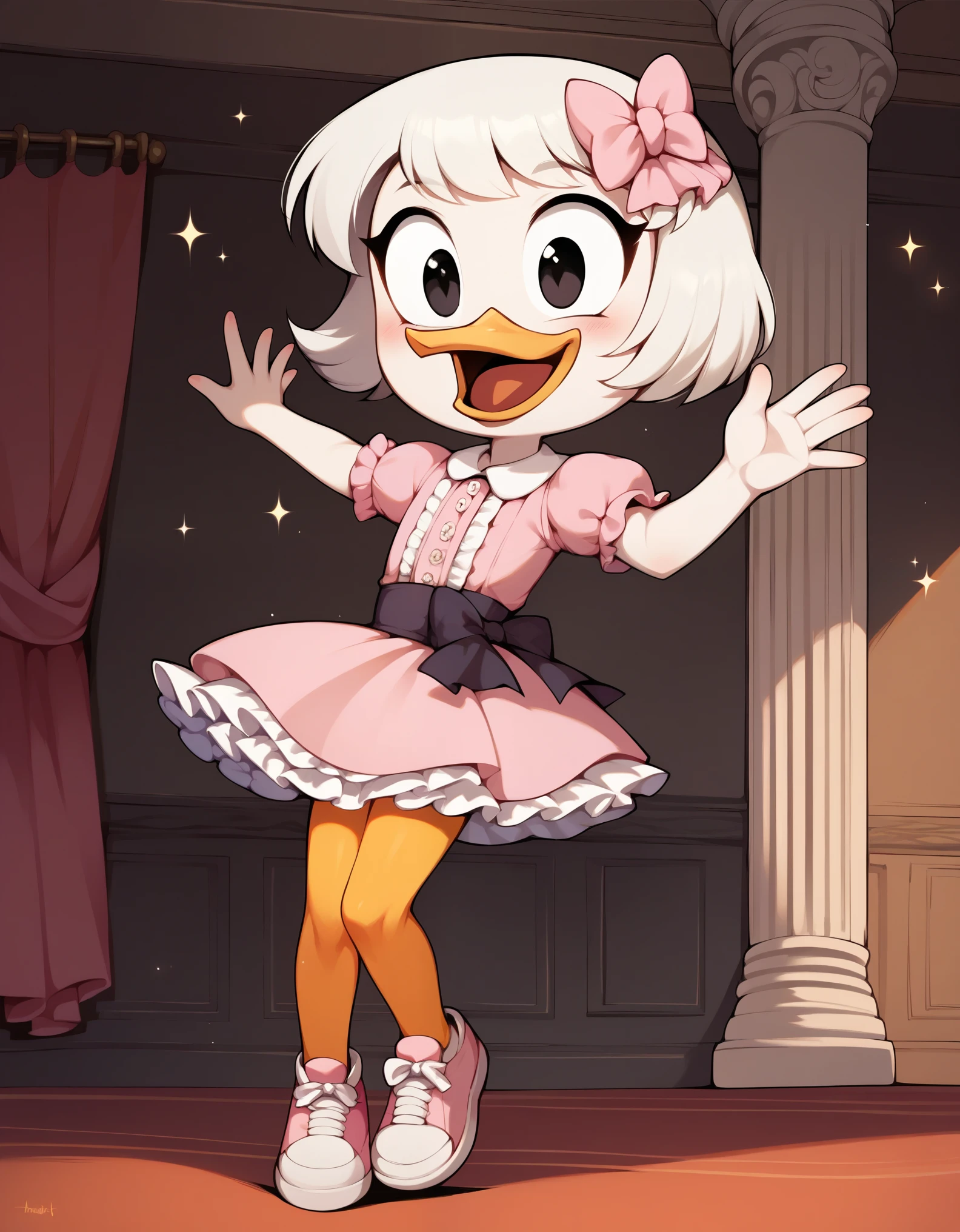 score_9, score_8_up, score_7_up, score_6_up, score_5_up, score_4_up, ,source cartoon, 1girl, female, solo, inside, duck, beak, webby vanderquack, young, white skin, white hair, short hair, black eyes, black eyes, standing, excited, arms back, orange legs, sneakers, full body, blush, happy, sparkles, thin waist, satin pink victorian hoopdress, ballroom,  victorian mansion, jumping, on air, legs up, holding skirt down, excited, joyful,  ZPDXL, smooth anime,