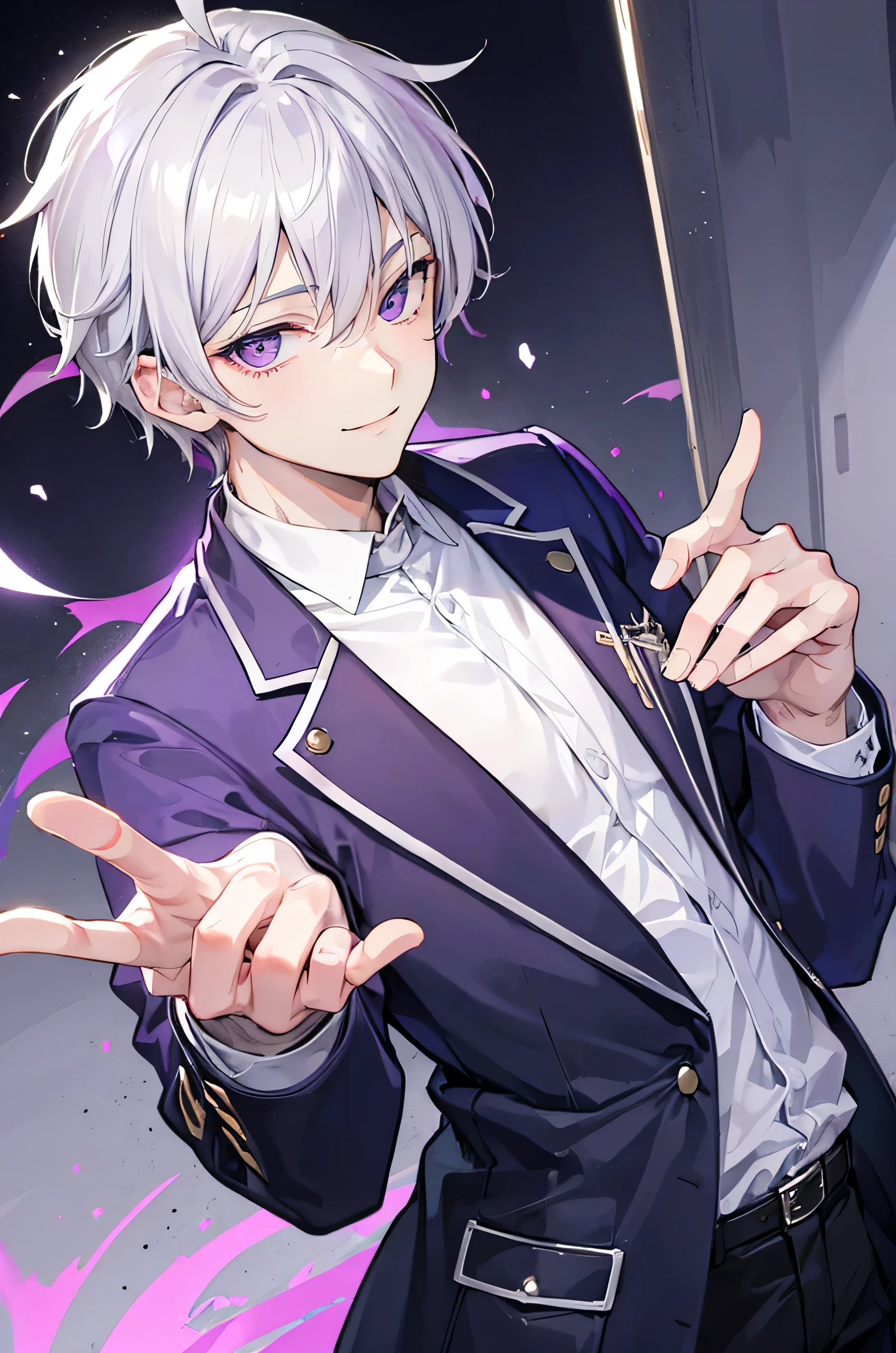 Young man, grey hair, purple eyes, smile face, modern style, handsome man, cool boy