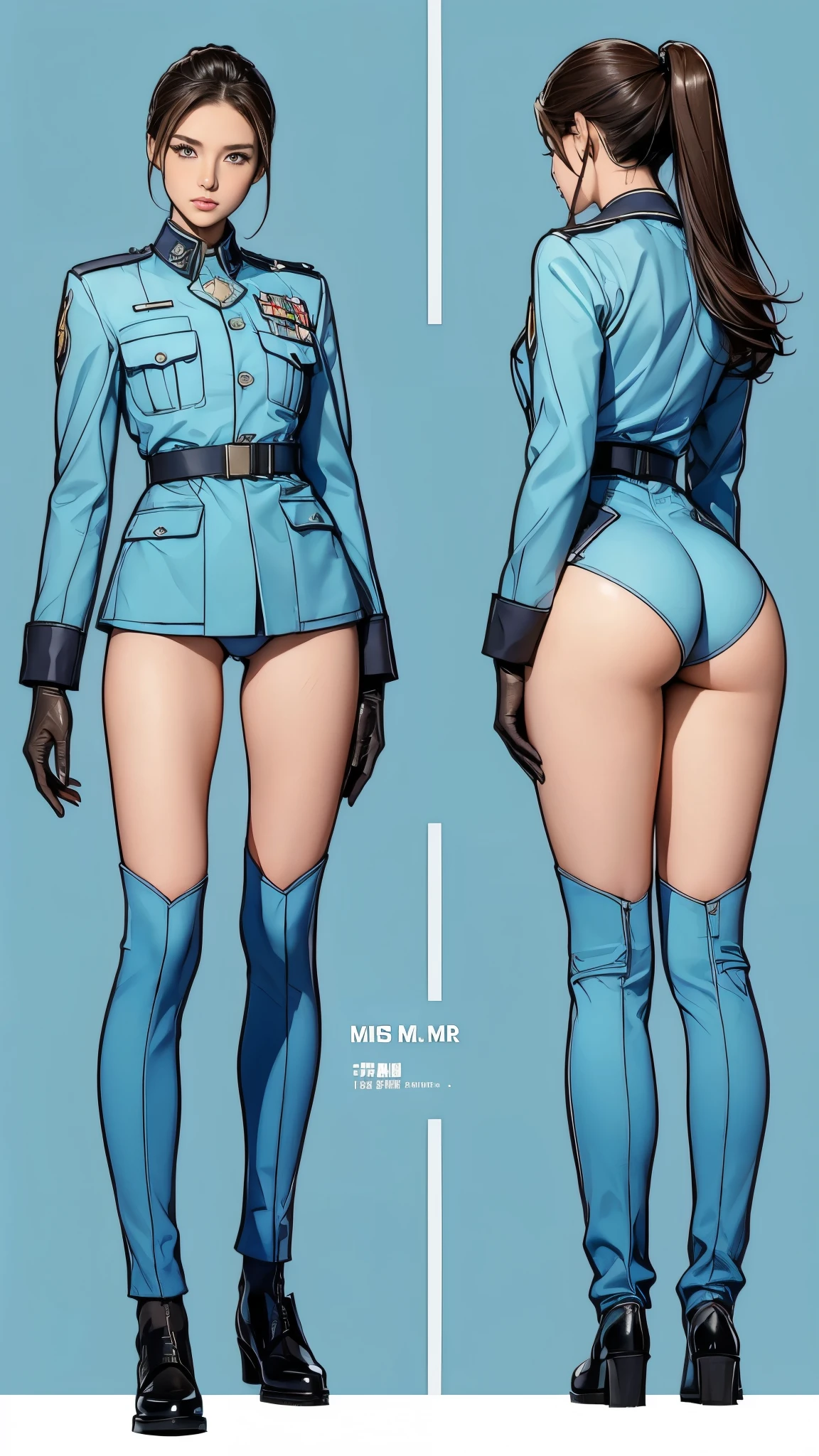 ((masterpiece)),(((highest quality))),((Reference Sheet, Character Design, front, return, ~ ~ side, Mr..々Hairstyle, Mr..々Performance, Facial Expressions)), , Cute type, (Very slim:1.4), (Very small ass:1.4), Realistic buttocks, Medium milk, Short brown hair,Thin thighs, Long legs, It's not a big deal,(A female Earth Federation officer is walking), (Wearing Earth Federation military uniform, White and light blue military uniform),(Worn by federal government employees'White Hat:1.5)