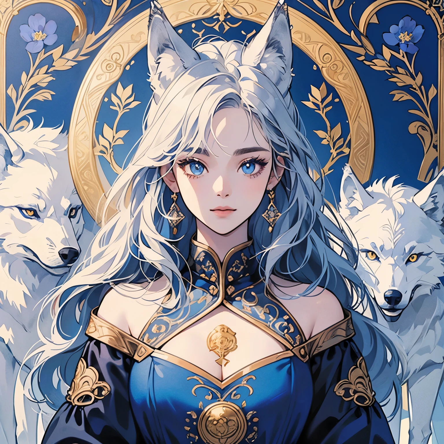 Best quality, 1 wolf, logo, background white only, emblem, 14k, intricate and detailed, frame, blue, (((1 woman and wolf))), detailed fur, sparkling eyes, corporate logo, golden, panoramic, long shot, front, blue flowers, Upper body, looking at viewer, beautiful goddess, Very detailed hair, MOON, Pale Lighting, Top Quality