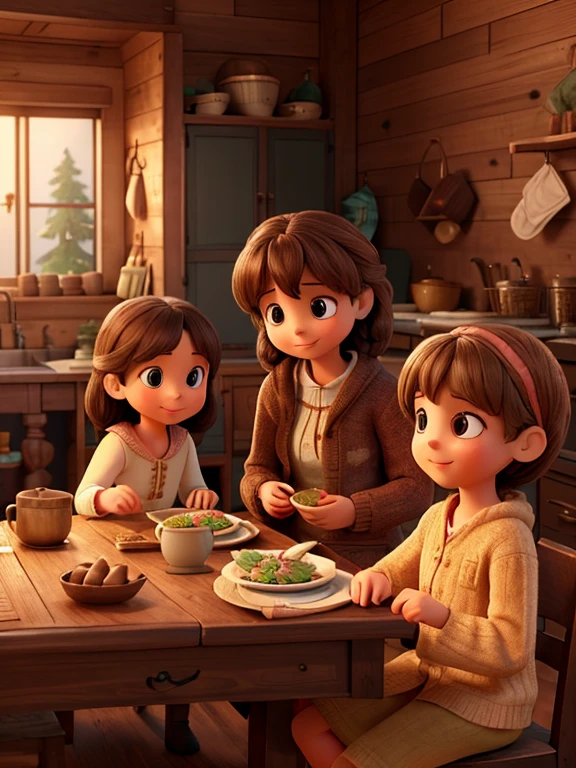 a cozy family home, a young girl and her family gathered around a wooden table, sharing a meal, a warm and inviting atmosphere, the girl animatedly telling stories, her family listening intently, intricate details, photorealistic, 8k, high resolution, cinematic lighting, soft warm tones, natural lighting, wooden textures, detailed facial features, beautiful eyes, warm smiles, comfortable and relaxed poses, detailed fabric textures, homey ambiance, family bonding, togetherness, heartwarming scene