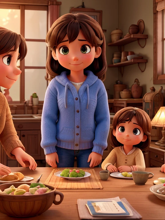 a cozy family home, a young girl and her family gathered around a wooden table, sharing a meal, a warm and inviting atmosphere, the girl animatedly telling stories, her family listening intently, intricate details, photorealistic, 8k, high resolution, cinematic lighting, soft warm tones, natural lighting, wooden textures, detailed facial features, beautiful eyes, warm smiles, comfortable and relaxed poses, detailed fabric textures, homey ambiance, family bonding, togetherness, heartwarming scene