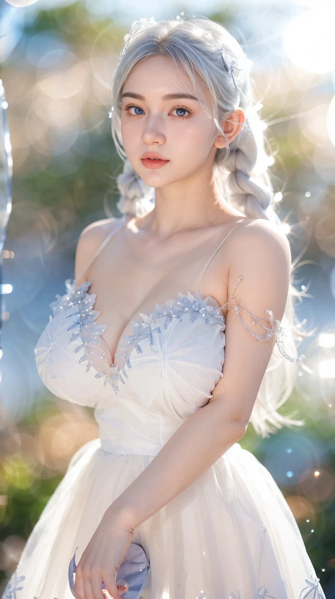 Georgeous, Beautiful, Cute, Baby Face, 18 Years Old, White Skin, Cleavage, ((Large Colossal Breast:1.3)), Sleeveless, Off Shoulder, Strapless, ((Transparent:1.3)), ((White Long Lolita Dress)), (Embroidery), Posing, ((Silver Hair)), ((Bright Blue Eye)), ((Muscles:1.2)), ((Bokeh:1.3)), Animal Farmer Background, Masterpiece, Twintails