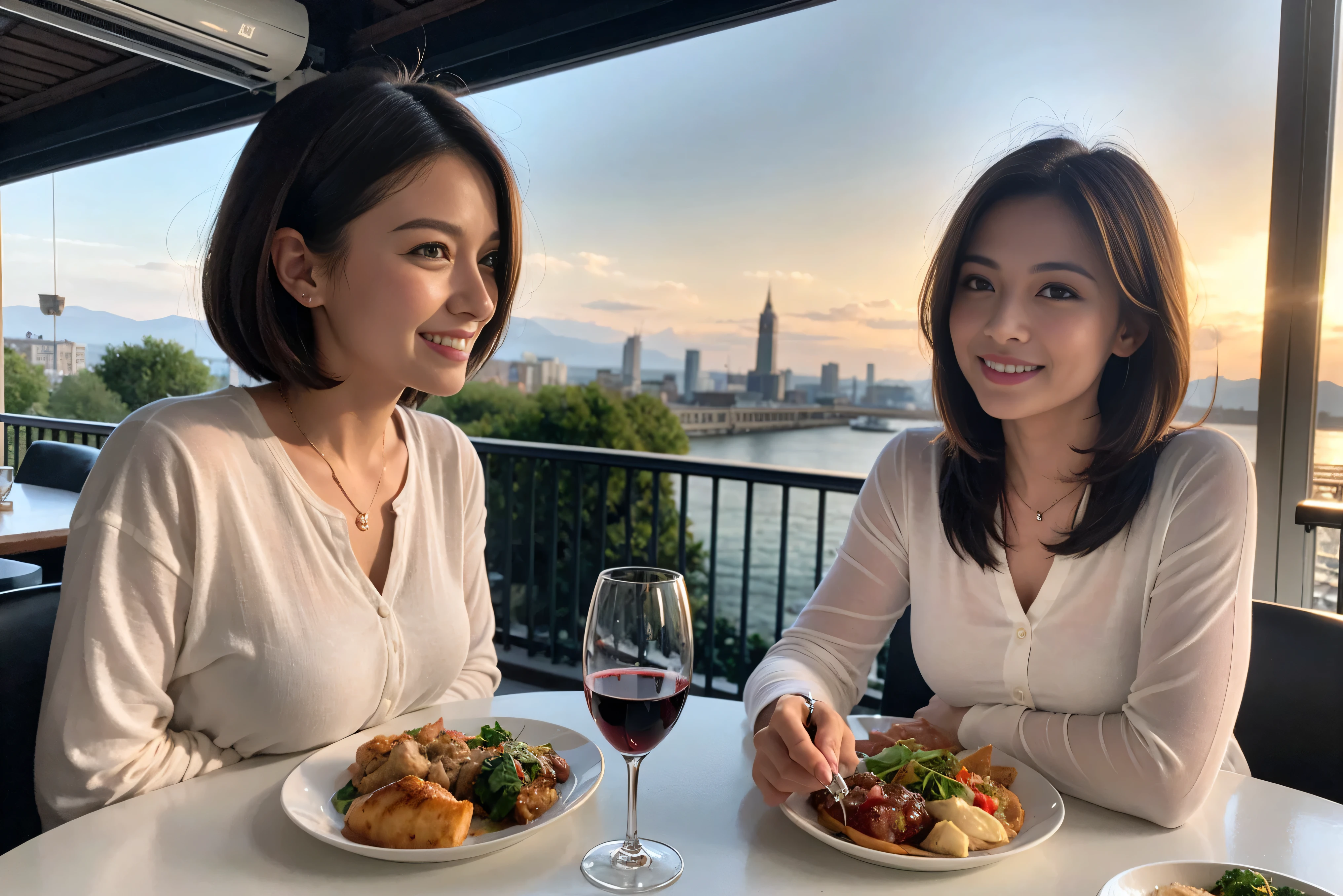 ((highest quality、8k、masterpiece:1.3))、beauty、1 male1 female、Couple、Spouse、half、The body is slim、((Bob Hale、Straight hair:1.2)), (Realistic, Intricate details:1.2), Fullcorse Dinner,Wine glass on the table、Shine light on your face、 Amazing view of the sunset sky and clouds、A bright smile、The wonderfulness of smile、Bright image、The beauty of wine, Beautiful Face, blue eyes, The light shines on your face, Blushing, short hair,Bright Face、 (Age 45), 39 years old, red wine 、Appetizers、Italian food、Wine bottle、Champagne、sparkling wine、Two beauties、Brown Hair、Shortcuts、Long sleeve shirt、dress、Pretty Woman 1, (Slim face), (The body is slim), (Brown Hair), (Shortcuts), cheeks turn a little red,Attractive beauty、restaurant, In a prominent place (From the waist up) Nova Frog Style, actress, model, Upper Body, White wine, slim, wine glass, A wine glass placed in the center, smile, (smile: 1.15), Beautiful fine grain, Depth f/2,saturation, High Contrast, Strong light and shadow,Moist Body:1.5、3D texture、Delicate eyes、Brown Hair、The hair is very shiny、