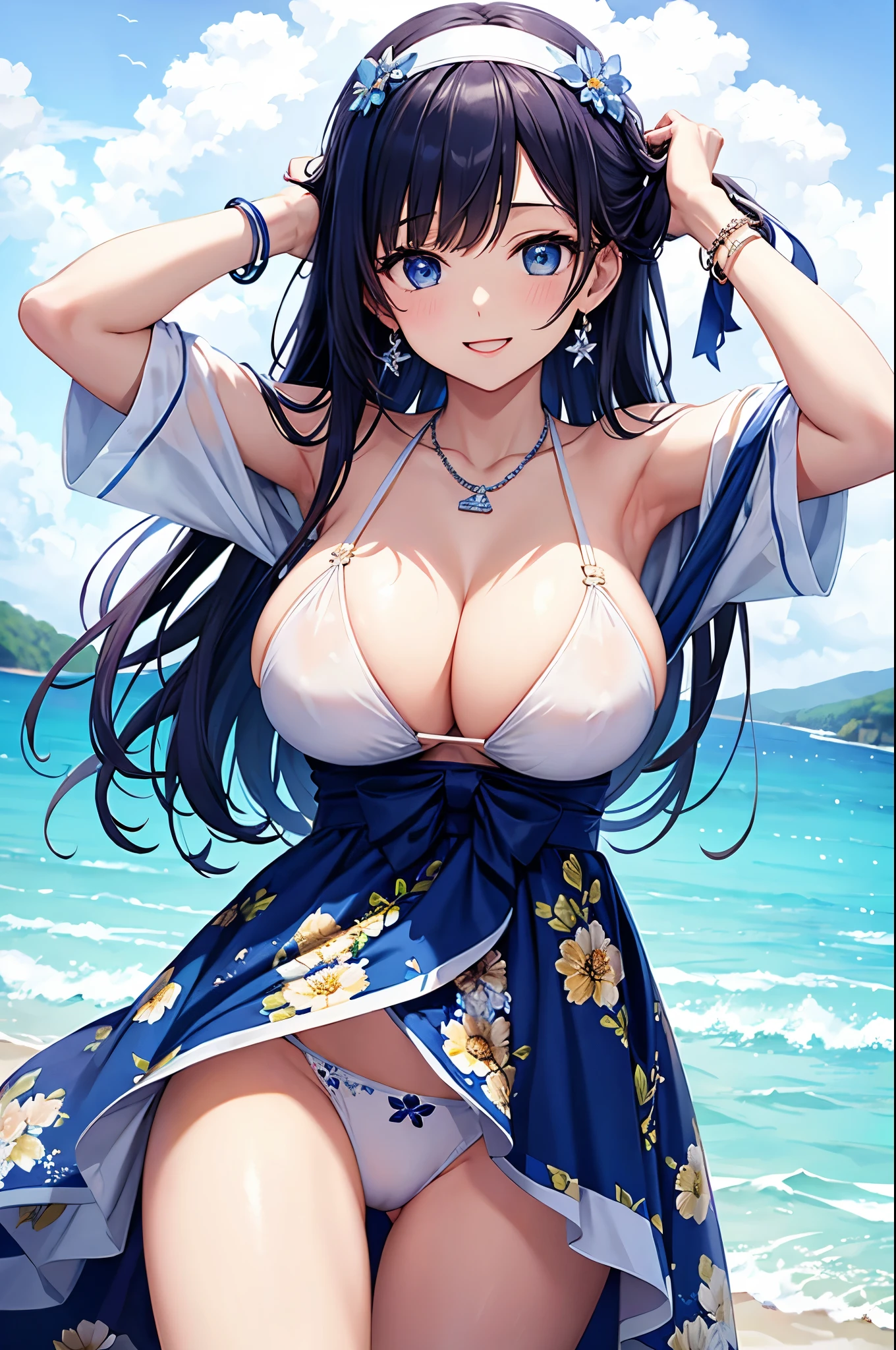 highest quality、highest quality、masterpiece、Beauty、Navy blue long hair、blue eyes、Sexy white bikini(Floral pattern printed)、Big cleavage、(Big Breasts),smile、blue necklace、Blue Earrings、background(Beach)、Please open your mouth wide、White headband、bracelet、Raise your arms and place your hands behind your head,Raise your elbows above your head