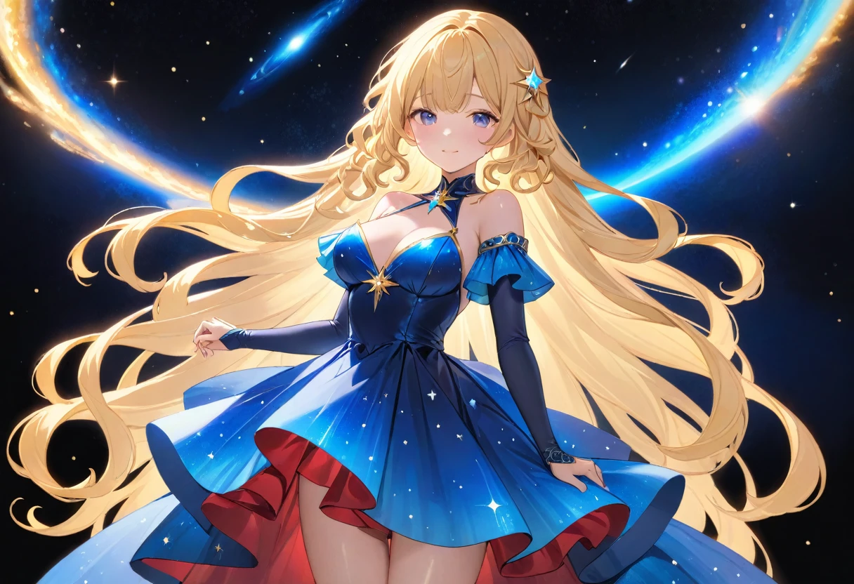 (masterpiece, best quality), high resolution, high quality,cute 1girl, shiny luminous hair, curly long, very long  hair, dress made of galaxies covered in stars, sun, stars, 