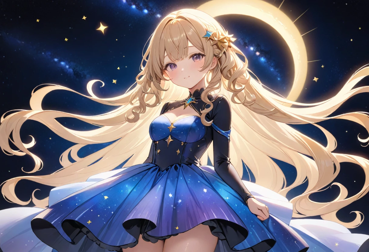 (masterpiece, best quality), high resolution, high quality,cute 1girl, shiny luminous hair, curly long, very long  hair, dress made of galaxies covered in stars, sun, stars, 