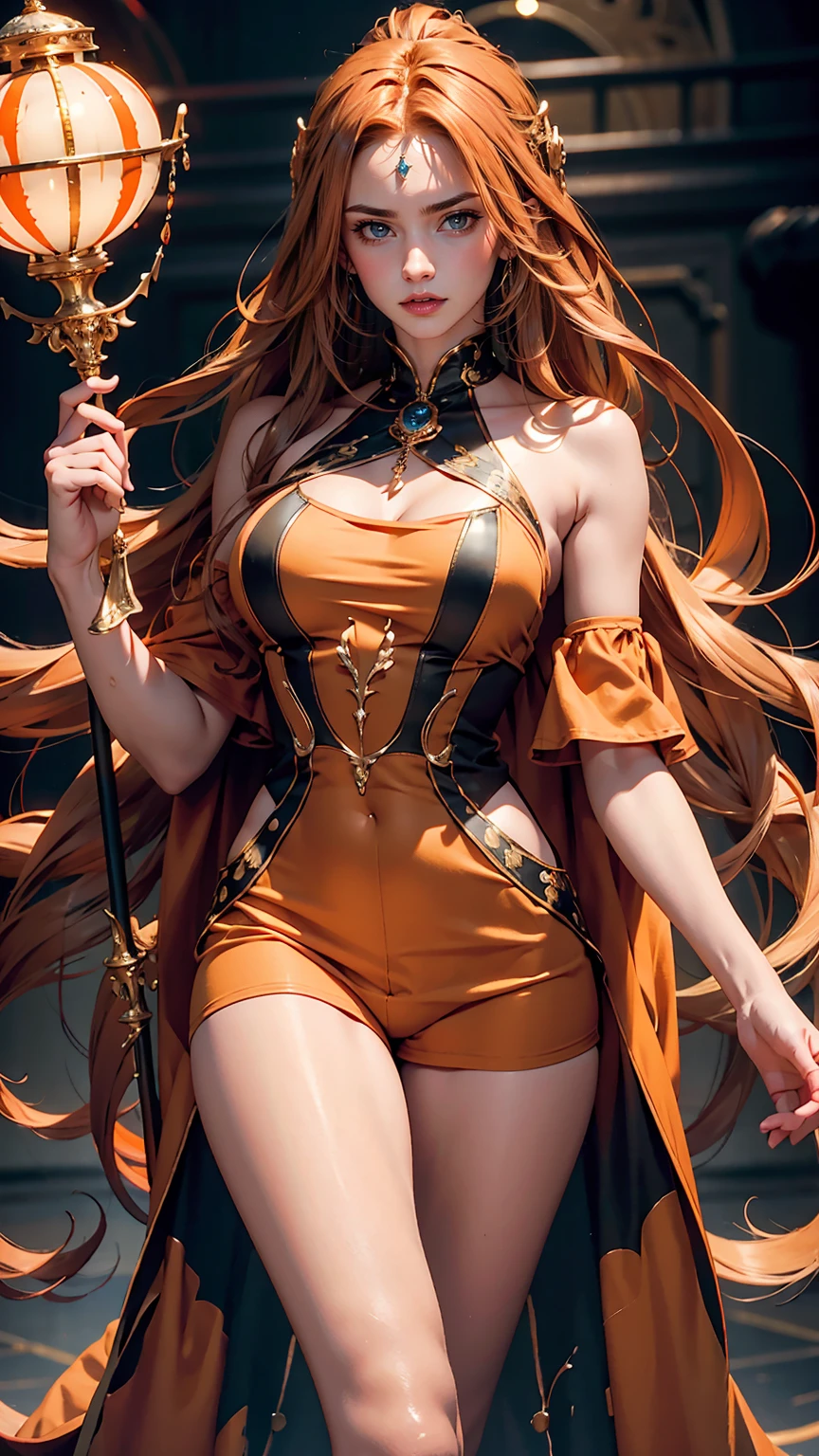 (masterpiece), highest quality, Super detailed, figure, Warm lighting, Bright colors, One girl, alone, Very long hair, Grey Hair, Orange Hair, Orange inner hair, Red eyes, Inner hair color, Two-tone hair, Ahoge, Ridiculously long hair, orange Inner hair color, Multicolored Hair, Hello, , , Bodysuits, Flowing hair, Wind, Close one eye, staff, dress, armor, headgear, floating,, ,