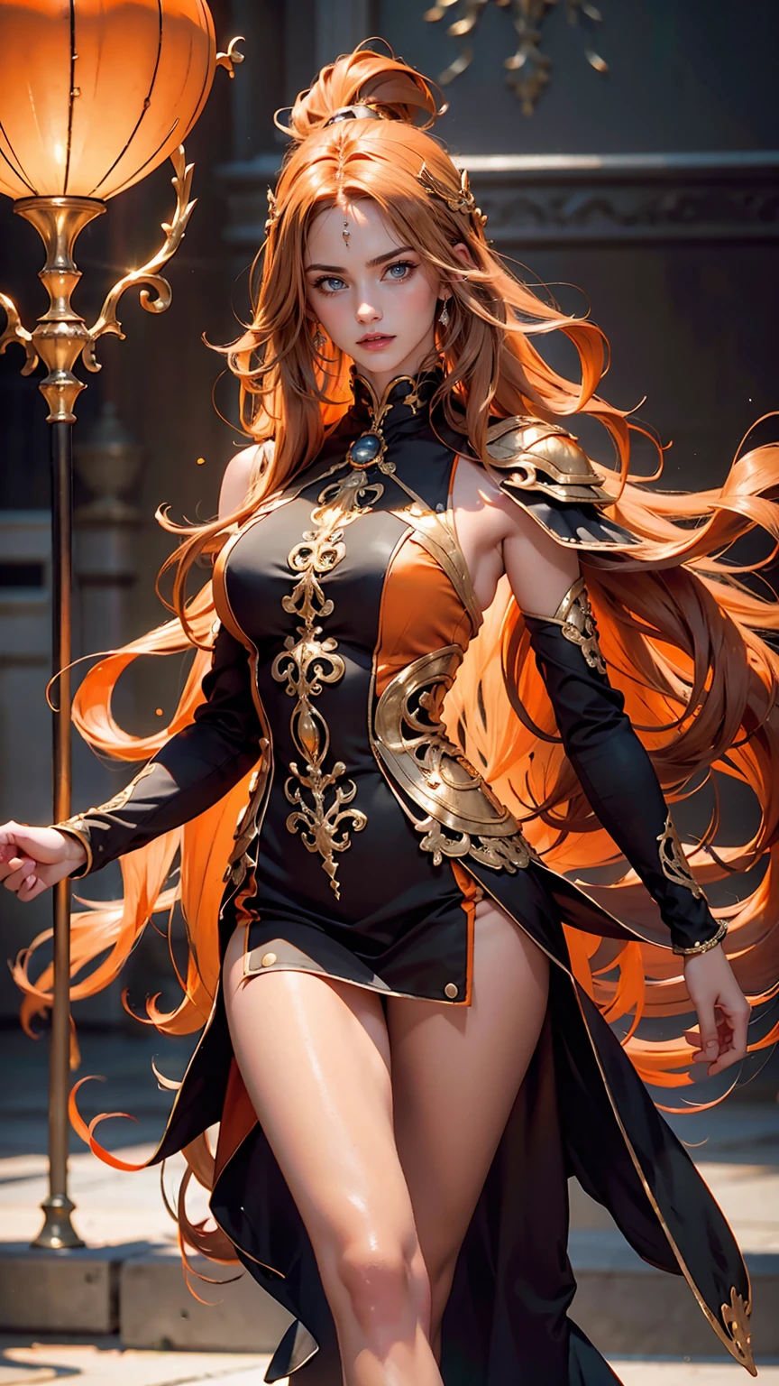 (masterpiece), highest quality, Super detailed, figure, Warm lighting, Bright colors, One girl, alone, Very long hair, Grey Hair, Orange Hair, Orange inner hair, Red eyes, Inner hair color, Two-tone hair, Ahoge, Ridiculously long hair, orange Inner hair color, Multicolored Hair, Hello, , , Bodysuits, Flowing hair, Wind, Close one eye, staff, dress, armor, headgear, floating,, ,