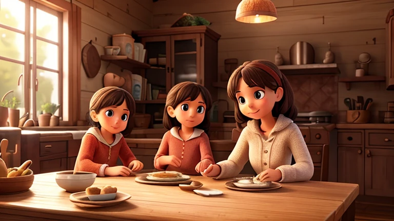 a cozy family home, a young girl and her family gathered around a wooden table, sharing a meal, a warm and inviting atmosphere, the girl animatedly telling stories, her family listening intently, intricate details, photorealistic, 8k, high resolution, cinematic lighting, soft warm tones, natural lighting, wooden textures, detailed facial features, beautiful eyes, warm smiles, comfortable and relaxed poses, detailed fabric textures, homey ambiance, family bonding, togetherness, heartwarming scene