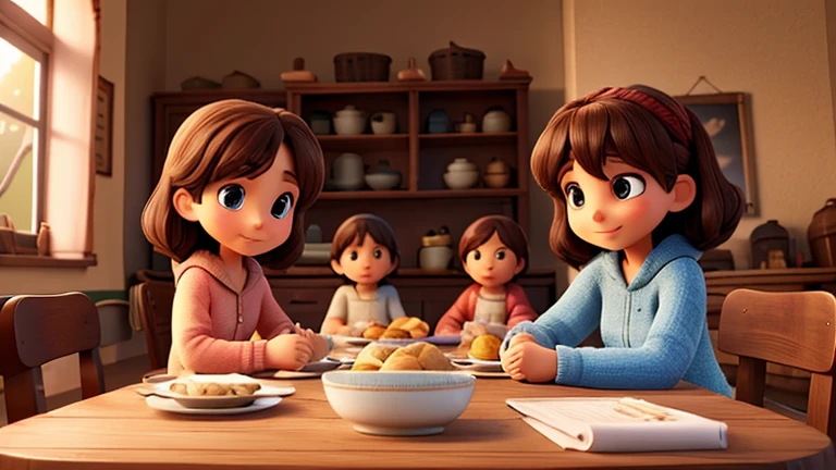 a cozy family home, a young girl and her family gathered around a wooden table, sharing a meal, a warm and inviting atmosphere, the girl animatedly telling stories, her family listening intently, intricate details, photorealistic, 8k, high resolution, cinematic lighting, soft warm tones, natural lighting, wooden textures, detailed facial features, beautiful eyes, warm smiles, comfortable and relaxed poses, detailed fabric textures, homey ambiance, family bonding, togetherness, heartwarming scene