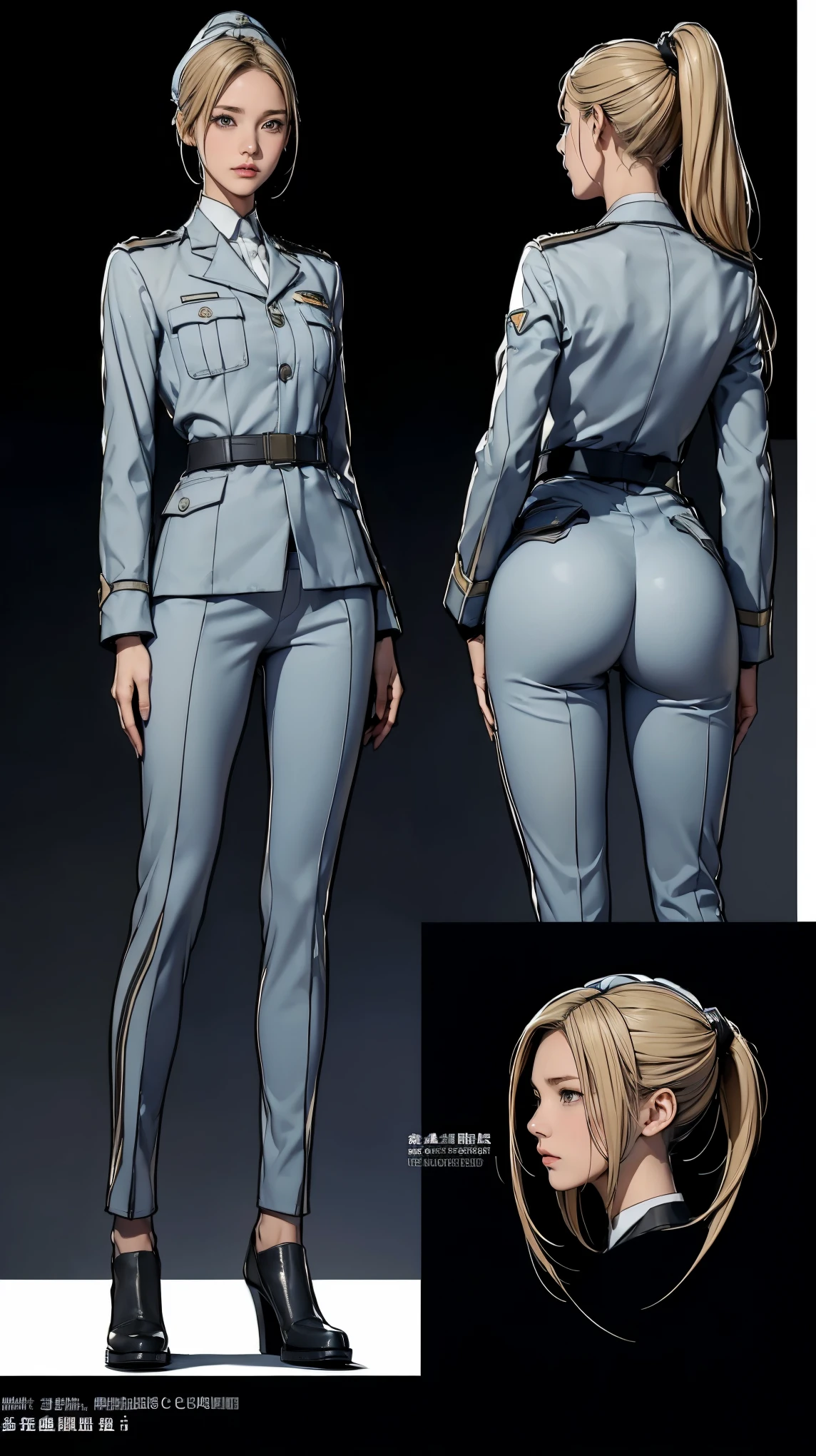 ((masterpiece)),(((highest quality))),((Reference Sheet, Character Design, front, return, ~ ~ ~ side, Mr...々Hairstyle, Mr...々performance, Facial Expressions)), , Cute type, (Very slim:1.4), (Very small ass:1.4), Realistic buttocks, Mid-chest， Blonde ponytail:1.2，Thin thighs, Long legs, It's not a big deal,(A female Earth Federation officer is walking), (Wearing Earth Federation military uniform, White and dark grey uniform),(Worn by federal government employees&#39;White Hat:1.5)