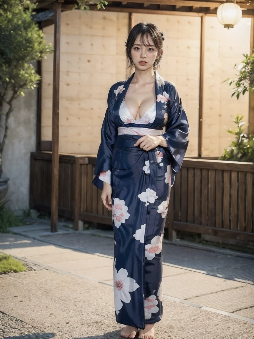 ((wearing a yukata:1.5)), detailed female anatomy, smooth skin, flawless body, graceful pose, natural lighting, serene expression, photorealistic, 8k, high quality, masterpiece, studio lighting, realistic, detailed skin texture, elegant, ethereal, glowing skin, ((full body:1.5)), ((standing:1.5)), ((Cleavage:1.5))