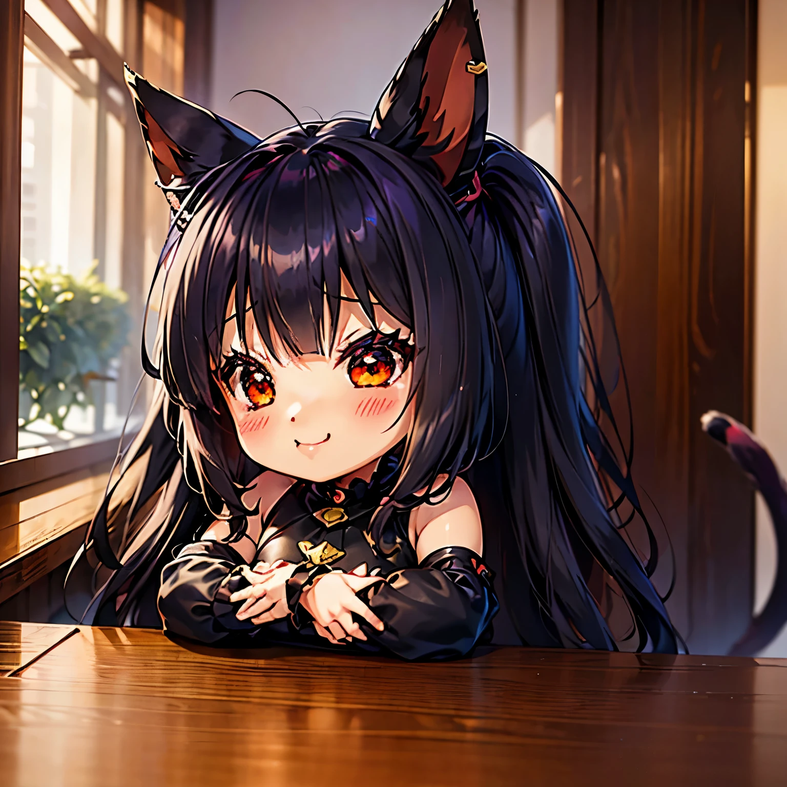 de primera calidad、Higher resolution、(Chibi:1.4)、(Chibi Chara)、Uma Musume、pelo negro, orejas de gato、cabello largo、pelo liso、ojos rojos, abrir la boca abierta、Contento、una sonrisa、correr、fondo sencillo