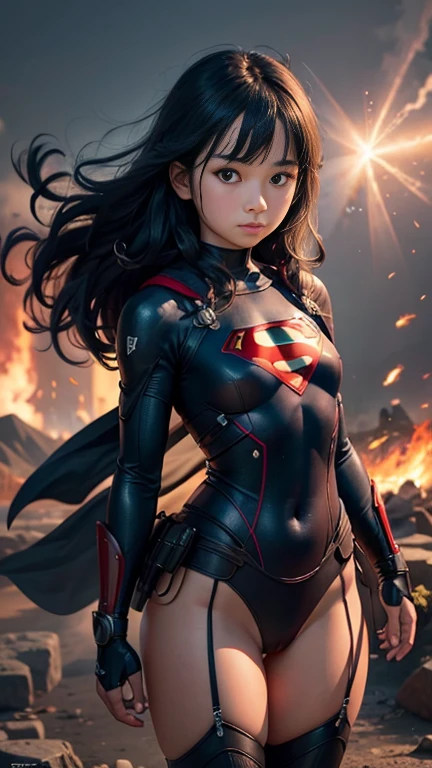 (8k),(masterpiece),(Japanese),(***************),((innocent look)),((Childish)),From the front and above,smile,cute,Innocent,Kind eyes,flat chest, Slender,Hairless vagina,Superman costume,semi-long,Hair blowing in the wind,Black Hair,strong wind,night,big cinematic explosion 