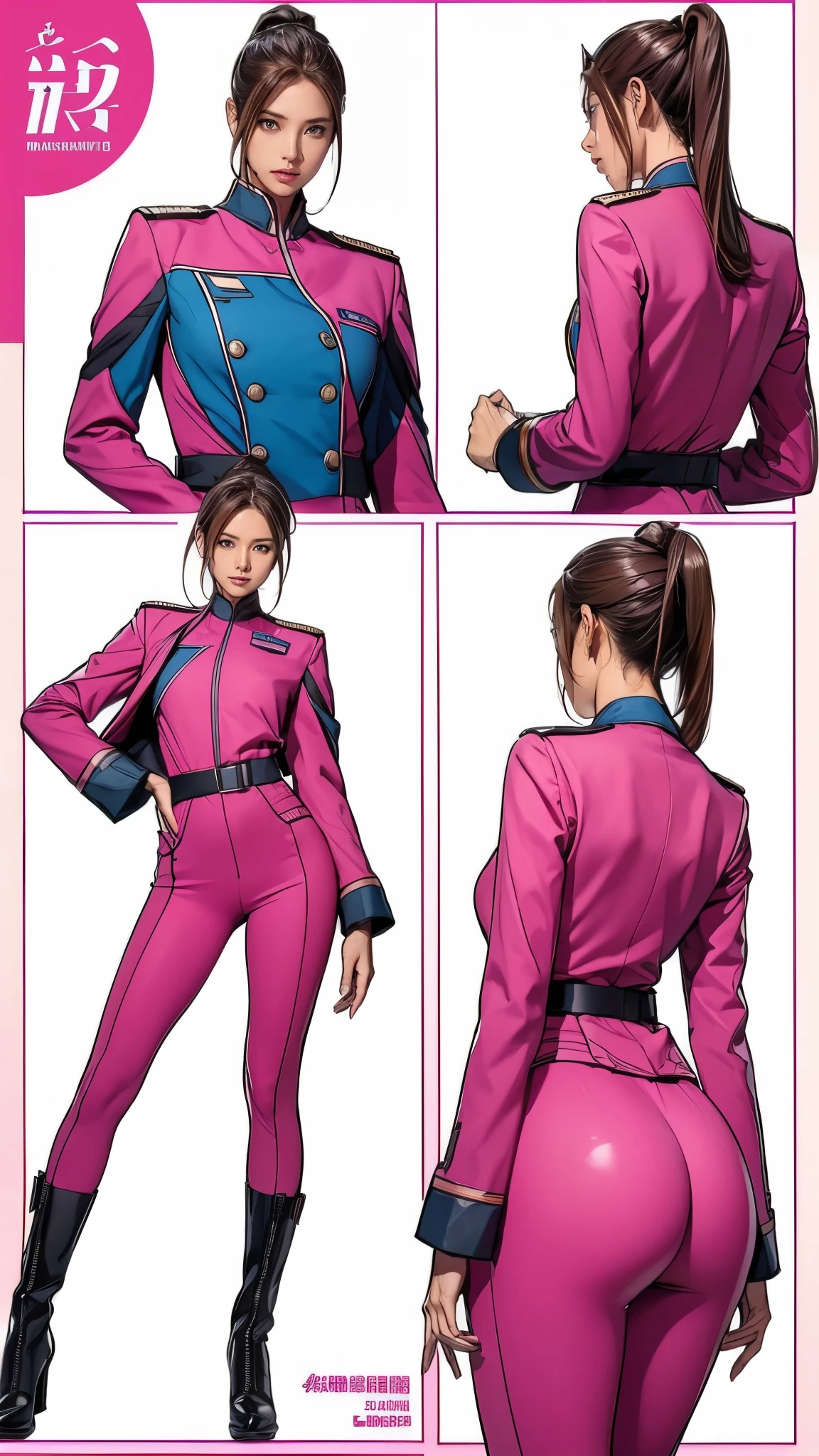 ((masterpiece)),(((highest quality))),((Reference Sheet, Character Design, front, return, ~ ~ side, Mr..々Hairstyle, Mr..々Performance, Facial Expressions)), 14-year-old girl, Cute type, (Very slim:1.4), (Very small ass:1.4), Realistic buttocks, Medium chest, Pink hair, mohawk and ponytail:1.2,Thin thighs, Long legs, It's not a big deal,(A female Earth Federation officer is walking), (Wearing Earth Federation military uniform, White and magenta military uniforms),(Worn by federal government employees'White Hat:1.5)