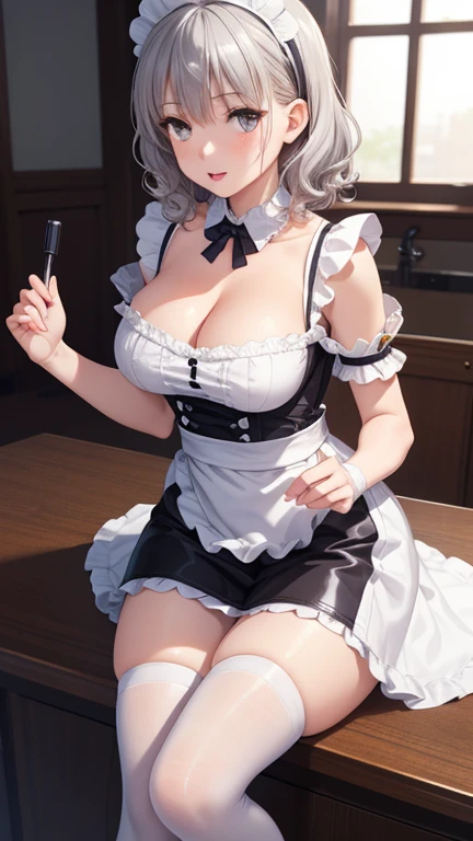 One girl, Natural light, masterpiece, Very detailed, figure, Game CG, Absurd, high quality, Ai-chan, Big Breasts, Beautiful fine details, Medium Silver Hair, Curly Hair, bangs, Glossy lips, Pale yellow maid outfit, clavicle, Cleavage, Detachable collar, Short puff sleeves, White thigh-high socks