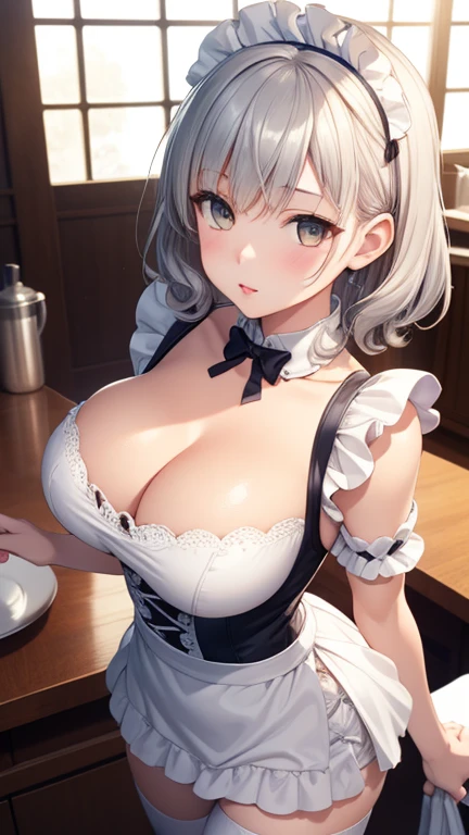 One girl, Natural light, masterpiece, Very detailed, figure, Game CG, Absurd, high quality, Ai-chan, Big Breasts, Beautiful fine details, Medium Silver Hair, Curly Hair, bangs, Glossy lips, Pale yellow maid outfit, clavicle, Cleavage, Detachable collar, Short puff sleeves, White thigh-high socks