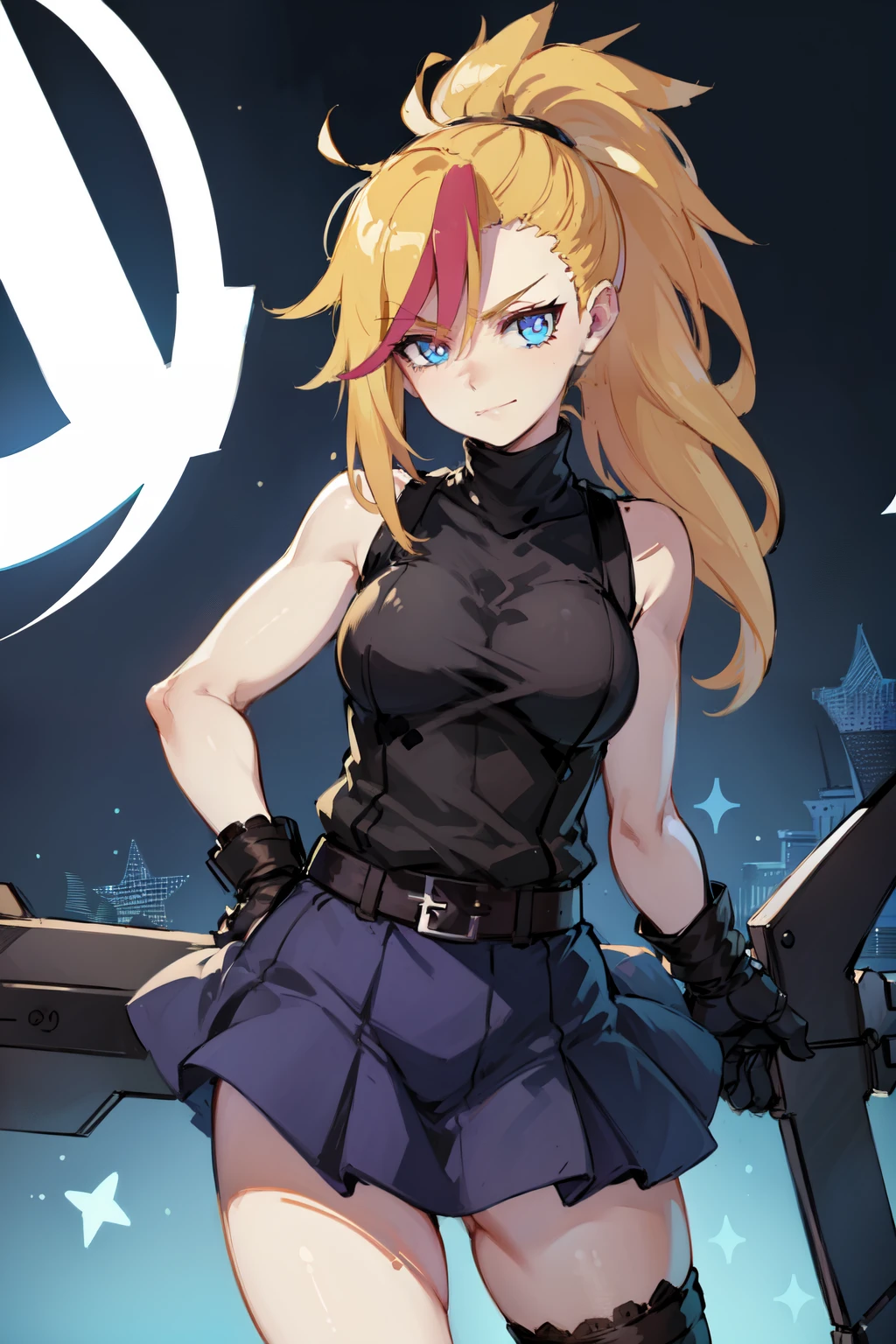 (masterpiece, best quality:1.2), Blue  glowing eyes, perfect face, highres, 1 girl, solo, ultra long ponytail, (female:1.5), strife, blonde hair, shoulder armor, sleeveless turtleneck, suspenders, belt, gloves, bracer, evil smile, standing, portrait, looking at viewer, giant sword on the back