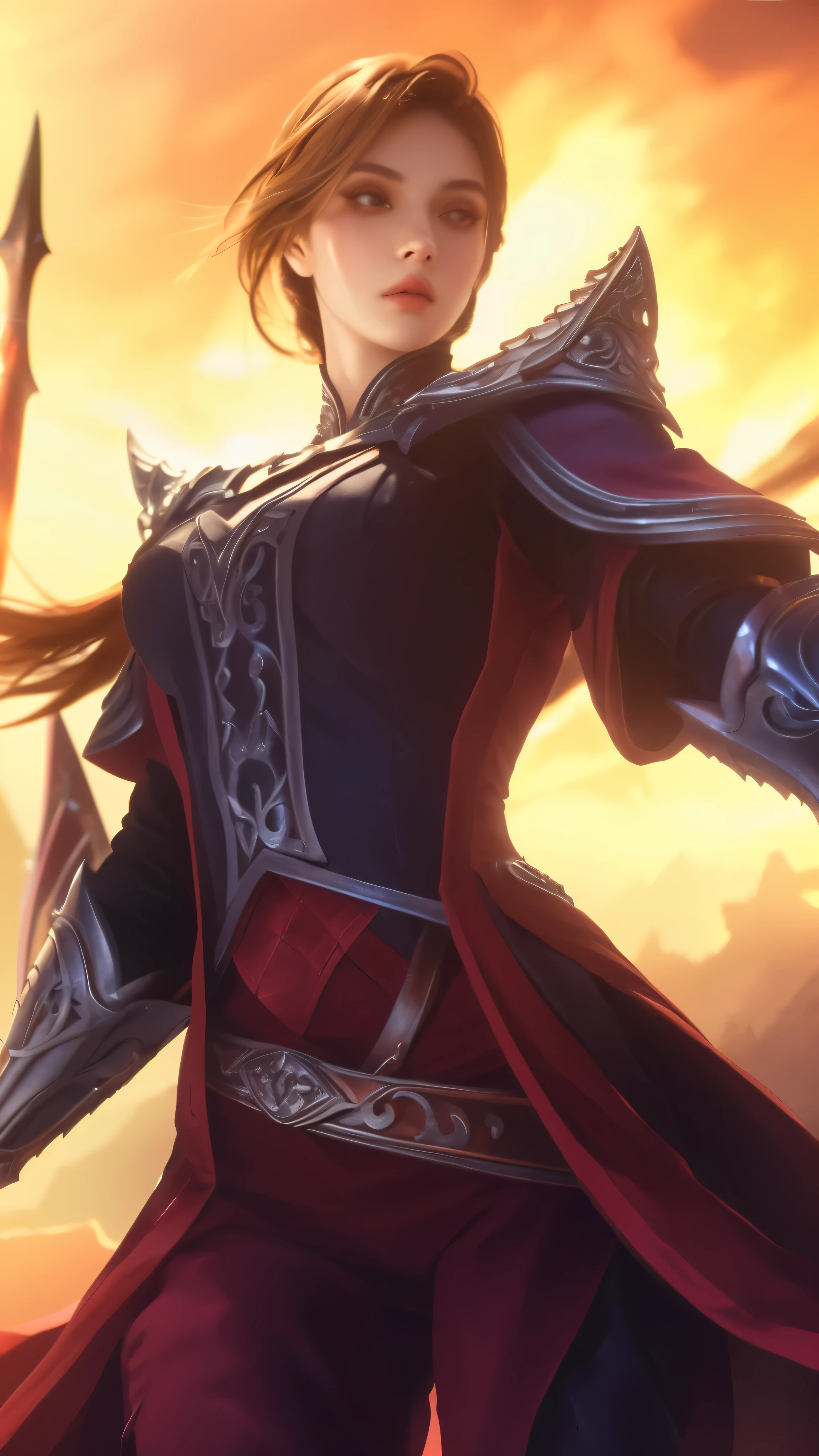 a woman in a red and black outfit holding a sword, beautiful detailed eyes, beautiful detailed lips, extremely detailed face, long eyelashes, ornate medieval armor, dramatic lighting, cinematic composition, digital painting, concept art style, dynamic pose, intricate details, muted color palette, chiaroscuro lighting, dramatic shadows, moody atmosphere
