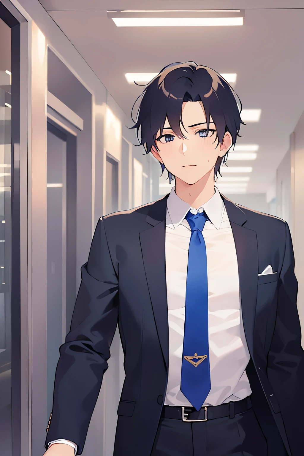Detailed CG, Ultra-fine illustrations,masterpiece,highest quality,Shiny skin,(28-year-old male:1.5)and(black short hair)and(blue eyes) ,BREAK(suit:1.5)and(white collared shirt)and(Blue tie)BREAK,(Serious)and(sweat:1.2),The background is company hallway,alone