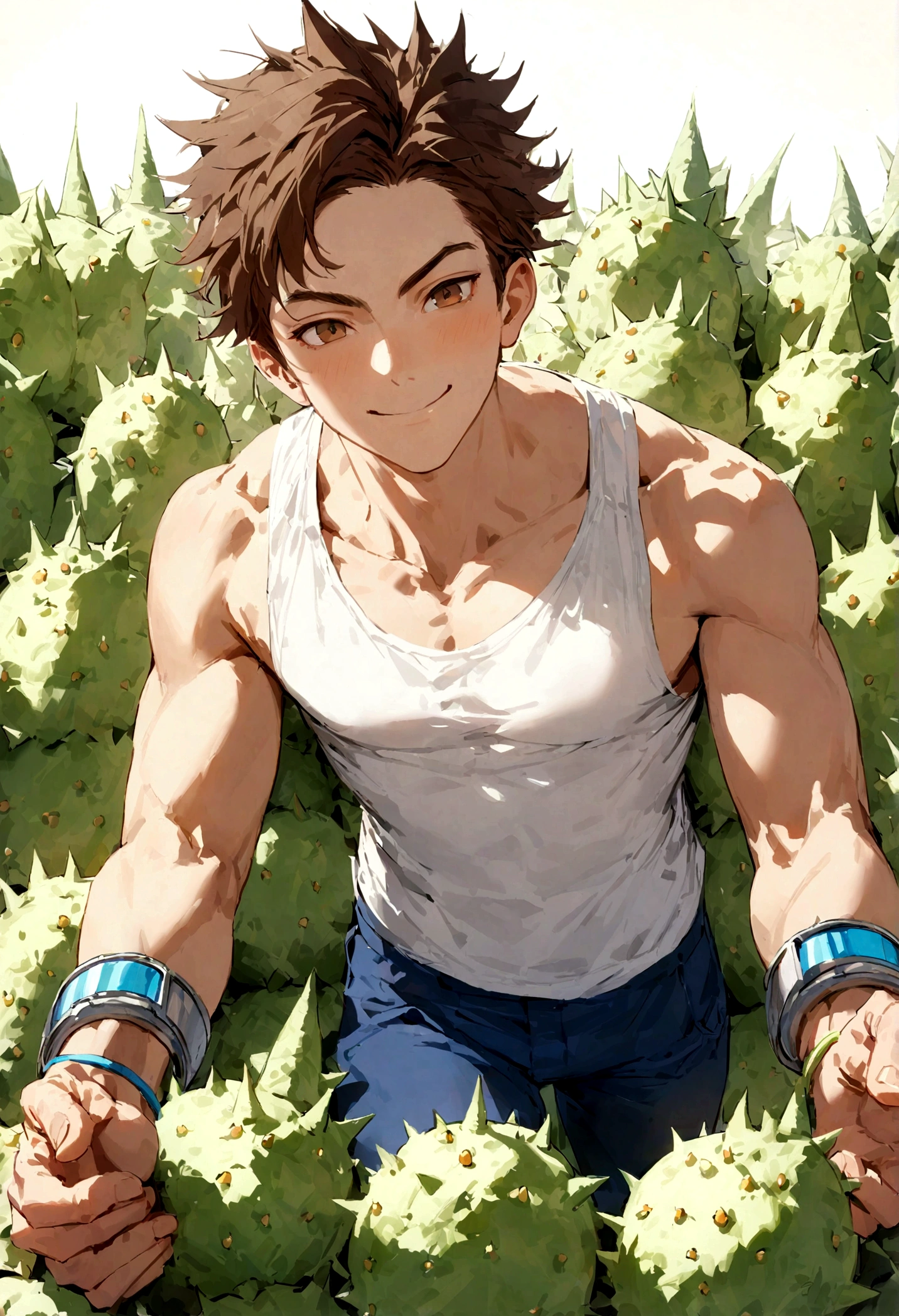 male with spiky brown hair, right Eyebrow slit, brown eyes, white tank top, blue pants, white sports bracelet, kind smile, exercising silkworm farming price