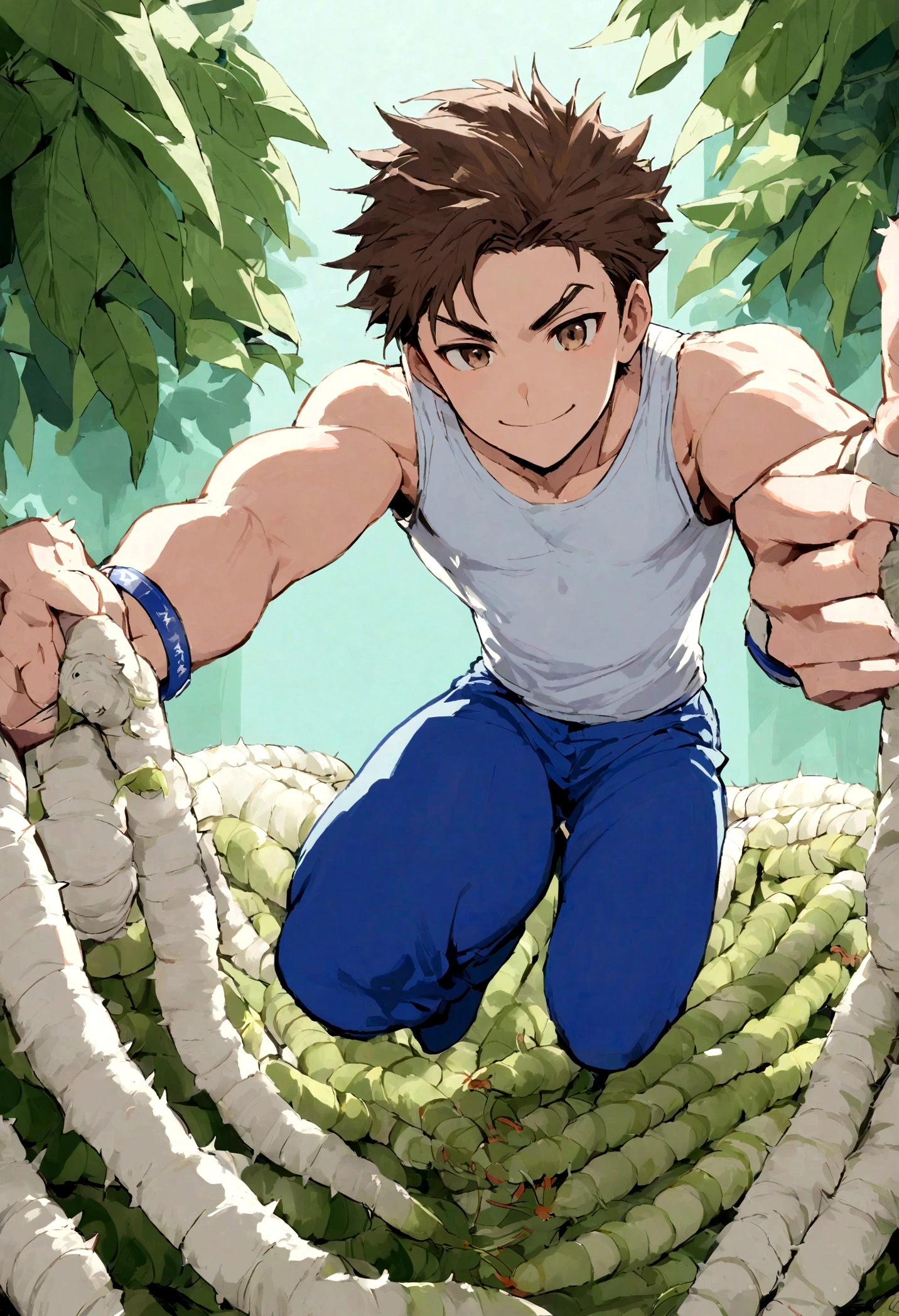 male with spiky brown hair, right Eyebrow slit, brown eyes, white tank top, blue pants, white sports bracelet, kind smile, exercising silkworm farming price