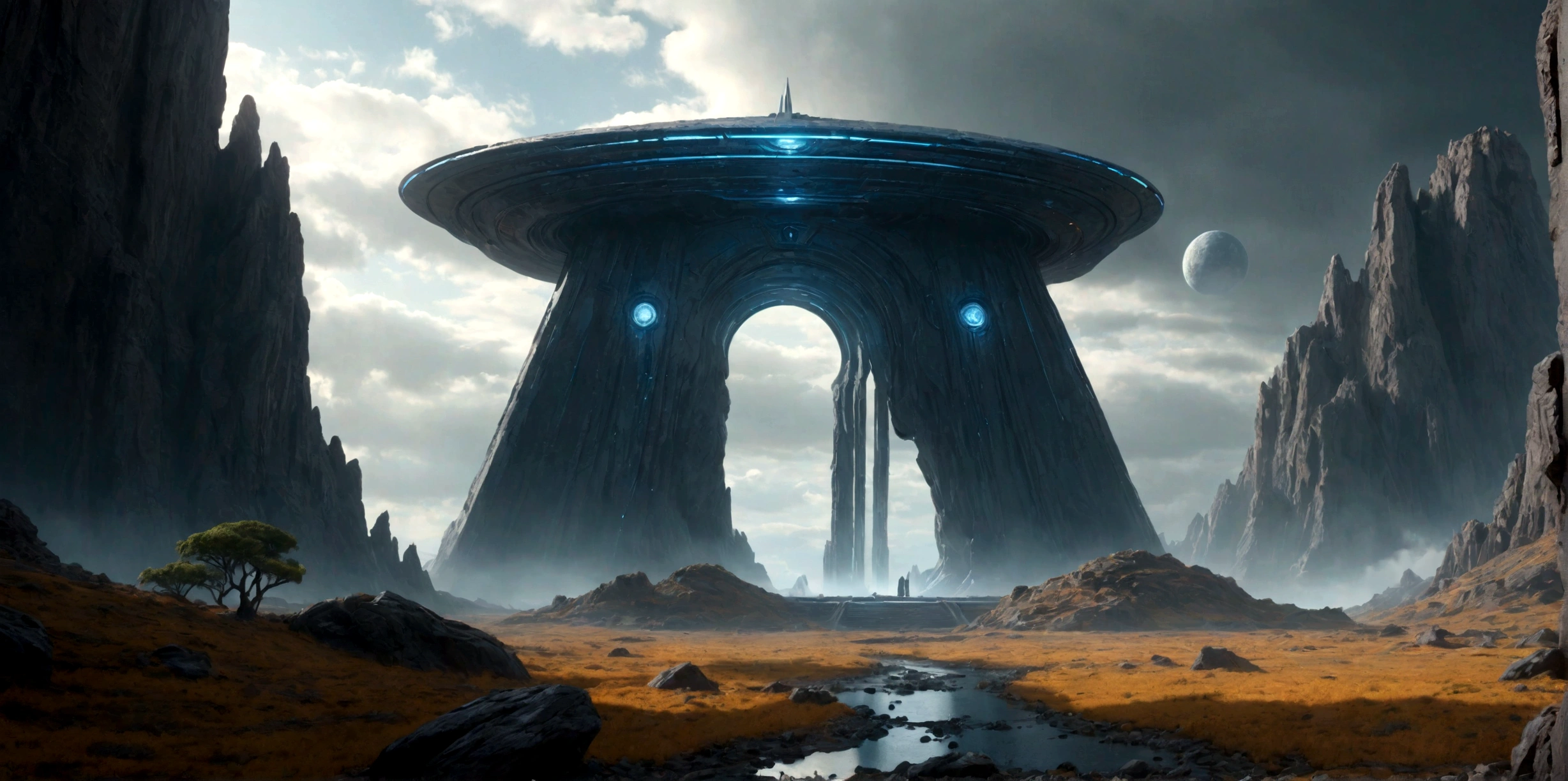 (EN UN VALLE PROFUNDO ROCOSO) ((A STILL ACTIVE MINIMALIST TWO-DIMENSIONAL PORTAL OF AN ALIEN TEMPLE), SUPER HIGH DEFINITION IMAGE WITH HYPER REALISM , very cold, PLANETA SECO Y CONGELADO, hyper realistic in 4K, cinematic lighting. little vegetation on alien planet other than Earth, cloudy stormy and cold weather, el sol se oculta
