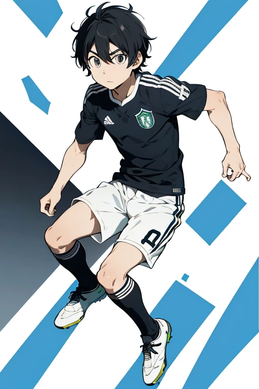 Soccer player with a captain tsubasa style, , con ojos negros y con rasgos mexicanos con ropa deportiva blanca