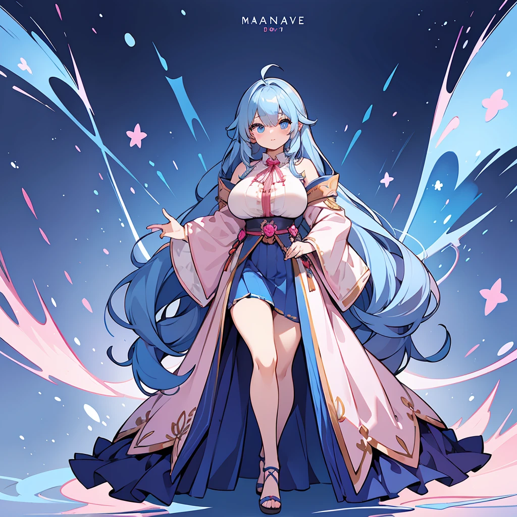 woman wearing a fantasy pink mage robe, gigantic massive huge oversized breasts, cute face, blue hair and blue eyes, full body, thin waist, human, wearing skirt, wearing a pink embroidered shirt, cute, tall, hot, sexy