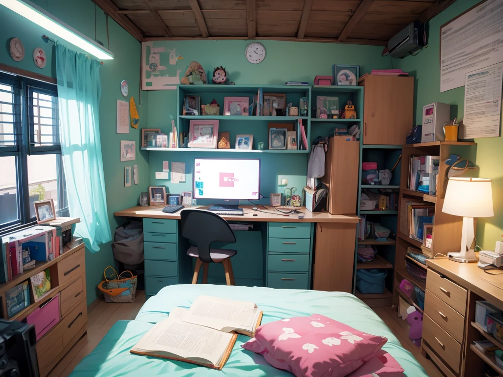 Garota de 25 anos, hacker chinesa, em seu quarto aconchegante, the camera is far from the girl.