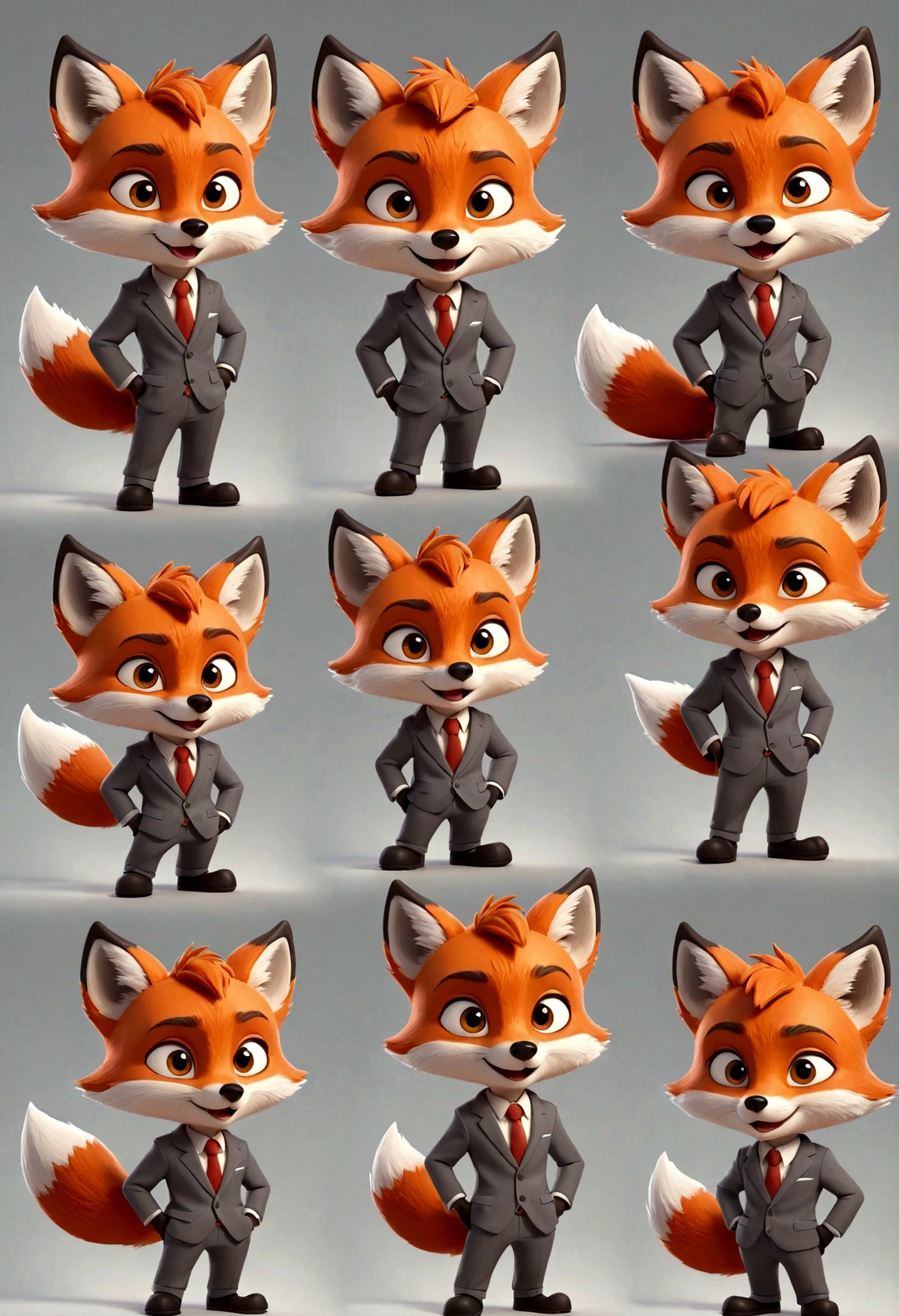 gray boy cartoon fox character, multiple poses and expressions, 4 poses, full body, children's book illustration style, simple, cute, artist, full color, 3d model, light and shadow, suit clothes, flat color, white background