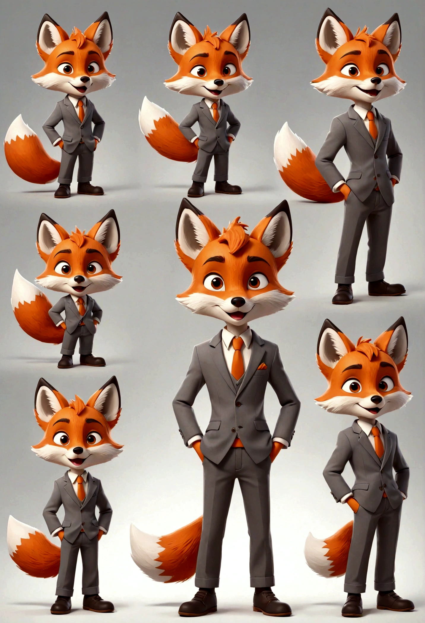 gray boy cartoon fox character, multiple poses and expressions, 4 poses, full body, children's book illustration style, simple, cute, artist, full color, 3d model, light and shadow, suit clothes, flat color, white background