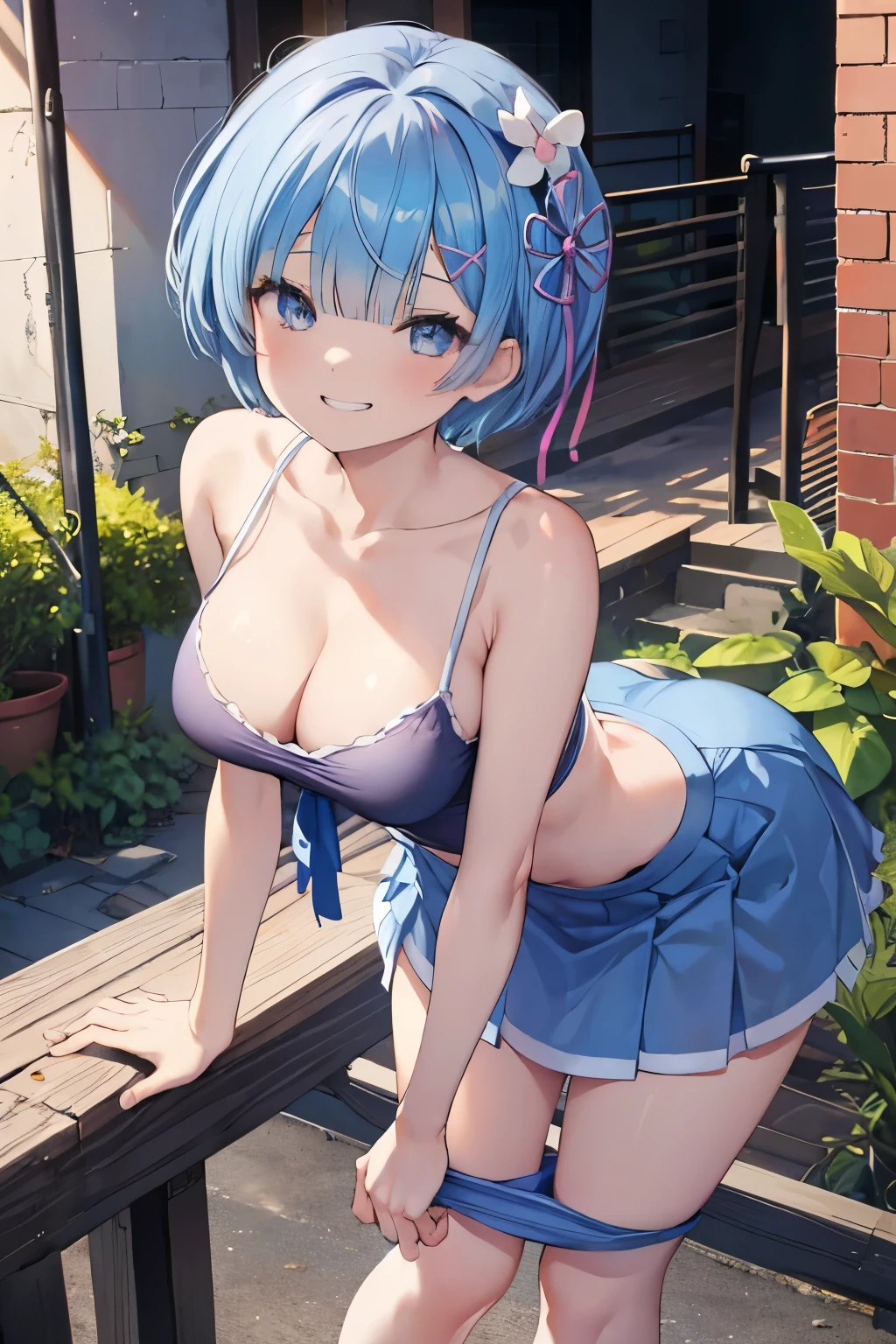 (8K、Highest quality、highest quality、masterpiece)、Detailed face、One girl、Rem from Re:Zero、short hair、、blunt bangs、Grey Eyes、evil smile、((Grin))、Small breasts、((White camisole))、((Blue skirt))、Cowboy Shot、((bent over))、Back Alley Background、Very large breasts Exposing breasts Naked breasts