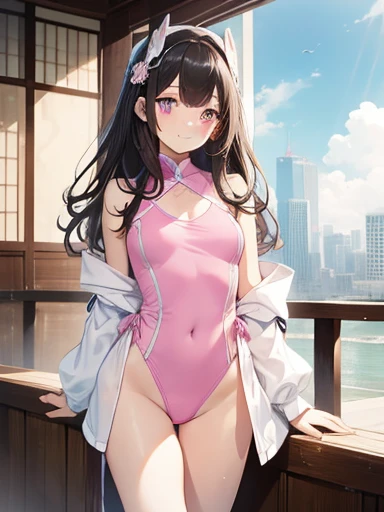 highest quality、Best image quality、Beautiful Eyes、Very delicate and beautiful、Beautiful Eyes、Pink Eyes、I、I、-yeld giJapanese、、Chiquita、Noble、Primary sir、barefoot、(judo)、(((Pink leotard on the lower half)))、(High Leg)、Tiara on head、A dull smile、Standing and facing forward、The background is inside the hotel