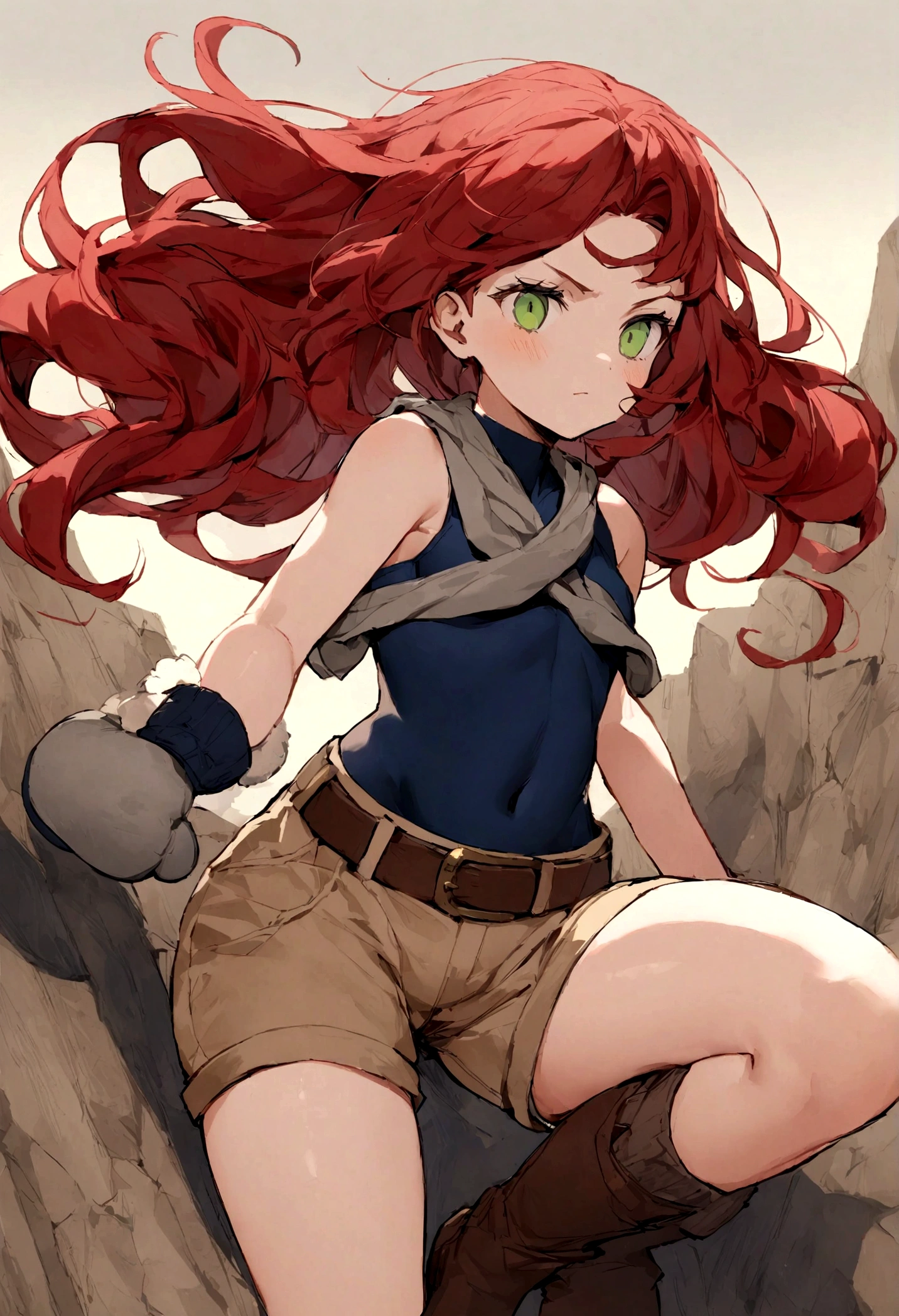 Young 16 year old heroine with long wavy red hair. She has big green eyes and a serious and charismatic demeanor. She wears a short dark blue bodysuit, she has no sleeves and her navel is visible. She wears brown shorts as well as brown boots and mittens. A long open white skirt hangs behind her shorts with a belt and it has lots of pockets. White nunshaku hang from her thighs in sheaths. She produces balls of bluish energy with her hands because she has shielding power.