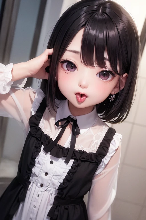 High quality、８K quality、（Perfect Anatomy）、、Surreal light、，Full Body Shot，Red cheeks、Beautiful face，Young appearance、 Girls、Lace blouse，slightly smaller eyes、（A small front tooth is visible），cute，summer，((Open Mouth))、（((Small tongue sticking out))），eyes staring at the camera、Beautiful eyes、((black eye))，、（((Thick lower lip))）、（Wet lips reflecting light：1.2）、Long eyelashes、、
