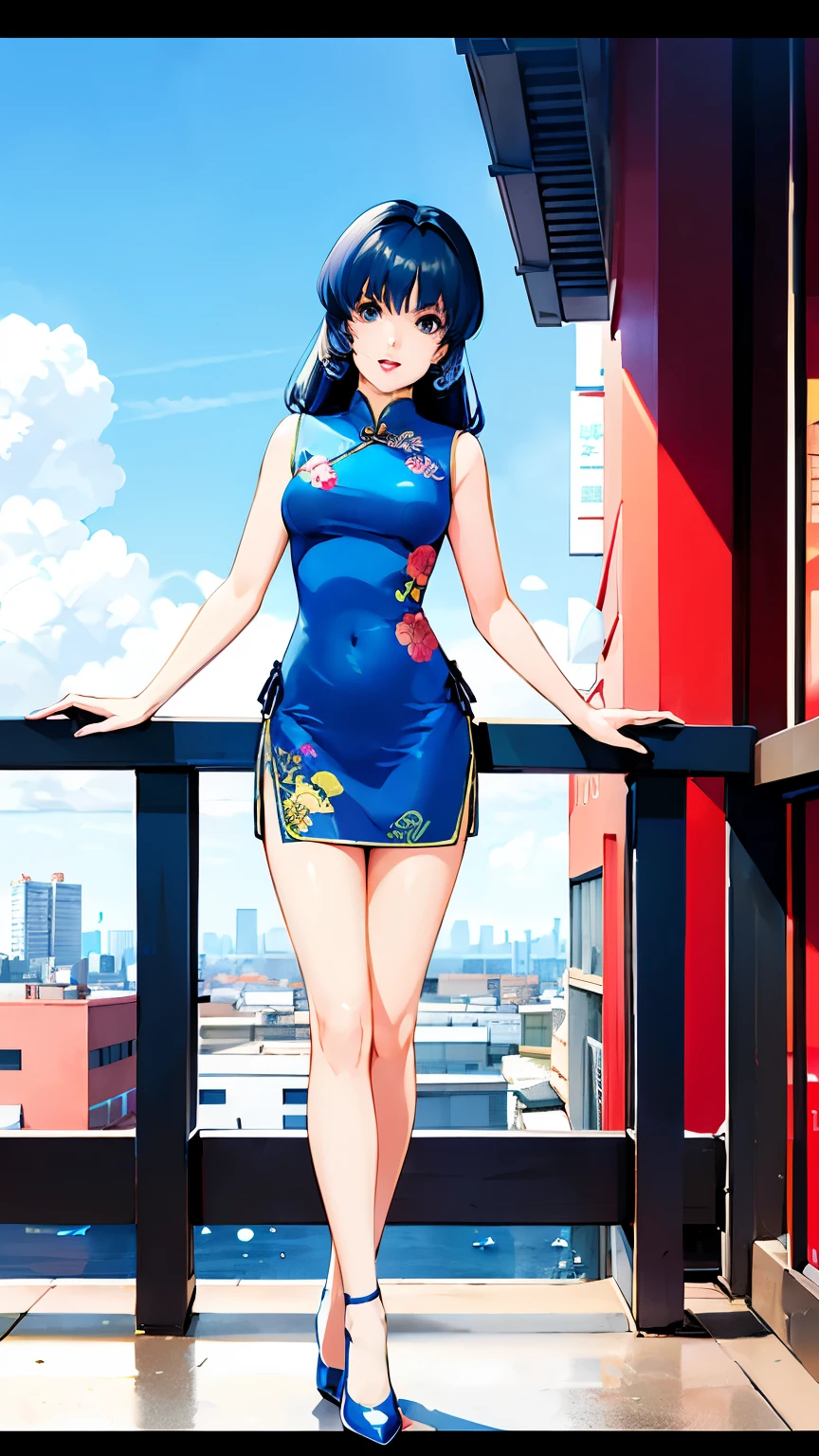 LynnMinmay, 1girl, solo, black hair, print_cheongsam, standing, city, high heels