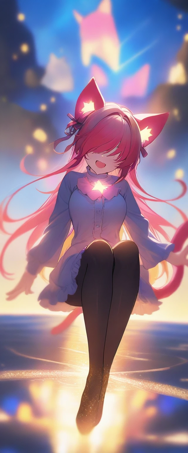 (glowing luminous cat tail, cat ears), cinematic lighting, mirage, 1 girl, multicolored hair, luminous red hair tips, cat tail, yellow eyes, glitter hair, a bright light blue star on the left cheek, hair ribbon, very long hair, very happy, cute, pantyhose, ((1girl, solo), cheerful, dynamic angle, outdoors, reflection, falling floating, sitting, hair over eyes,