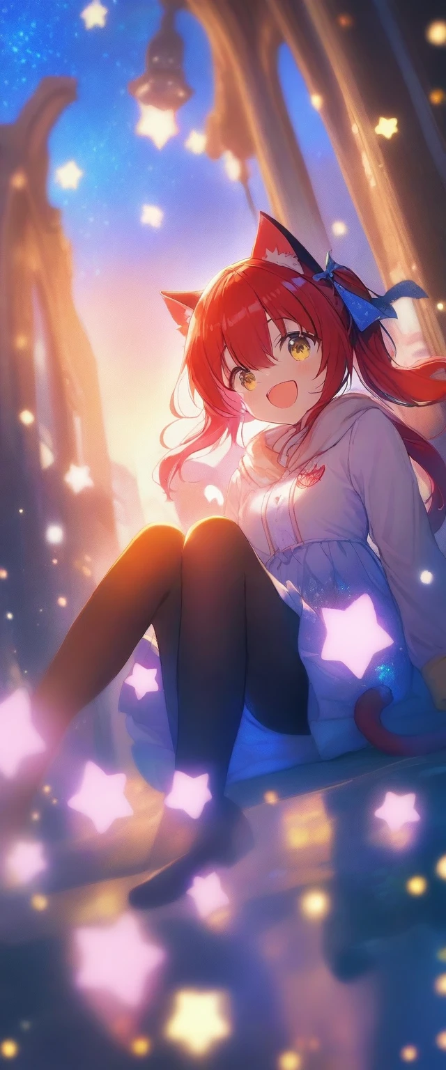 (glowing luminous cat tail, cat ears), cinematic lighting, mirage, 1 girl, multicolored hair, luminous red hair tips, cat tail, yellow eyes, glitter hair, a bright light blue star on the left cheek, hair ribbon, very long hair, very happy, cute, pantyhose, ((1girl, solo), cheerful, dynamic angle, outdoors, reflection, falling floating, sitting, hair over eyes,