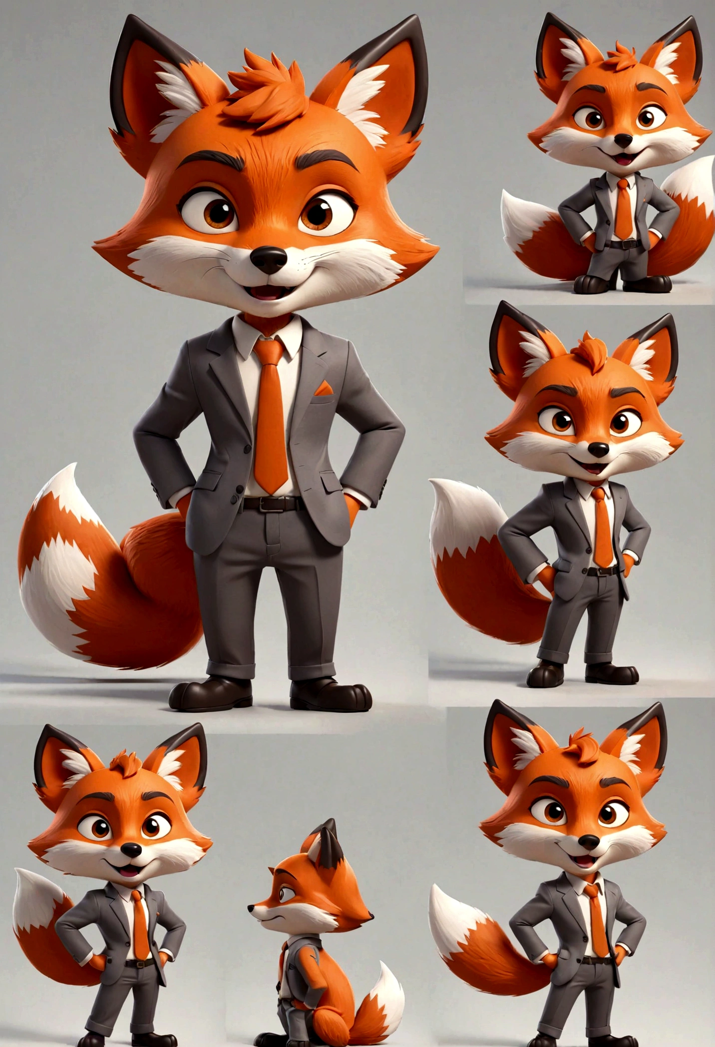 gray boy cartoon fox character, multiple poses and expressions, 4 poses, full body, simple, cute, artist, full color, 3d model, light and shadow, suit clothes, boss, flat color, white background